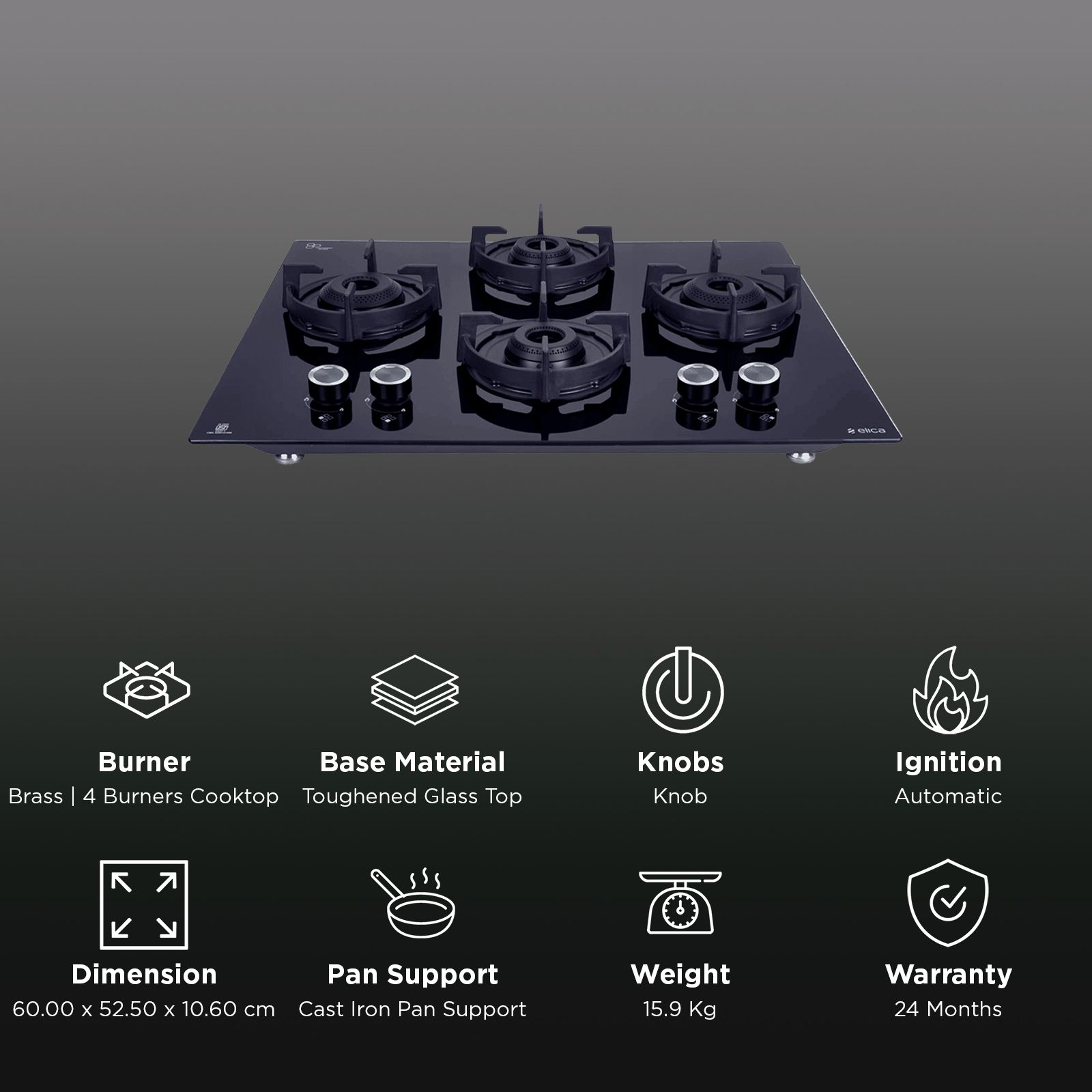 elica FLEXI 460 LOTUS IND HD BRASS Toughened Glass Top 4 Burner Automatic Hob (Cast Iron Pan Support with Heat Guard, Black)_3