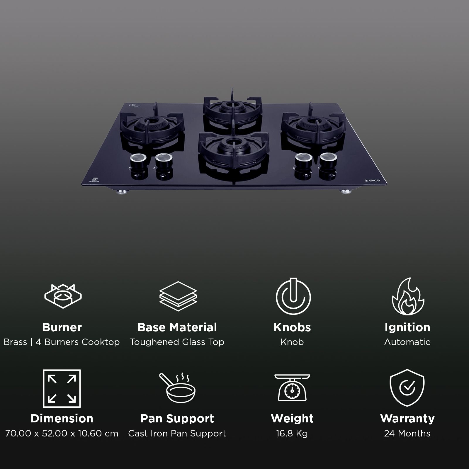 elica FLEXI 470 LOTUS IND HD BRASS Toughened Glass Top 4 Burner Automatic Hob (Cast Iron Pan Support with Heat Guard, Black)_3