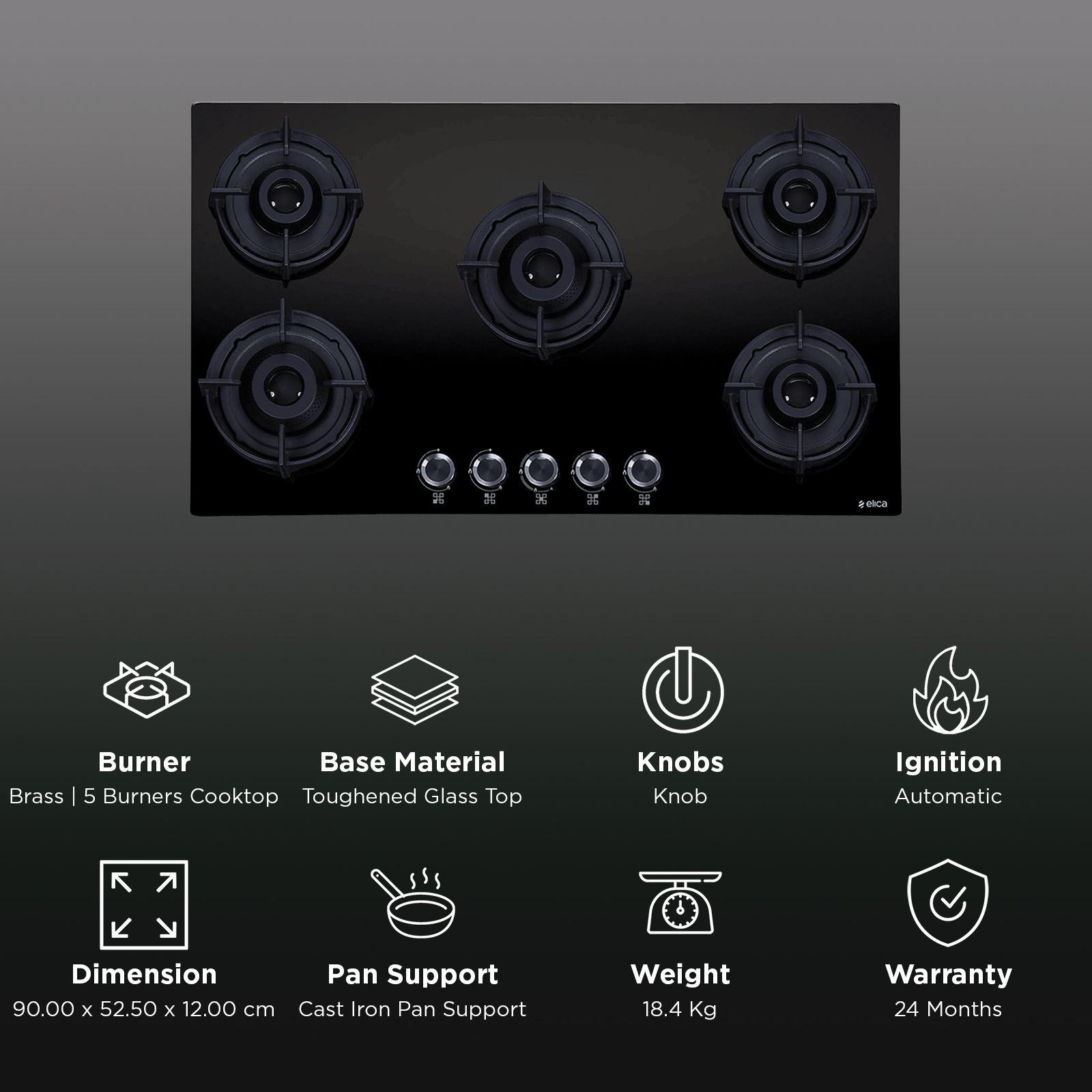elica FLEXI 590 LOTUS IND HD BRASS Toughened Glass Top 5 Burner Automatic Hob (Cast Iron Pan Support with Heat Guard, Black)_3