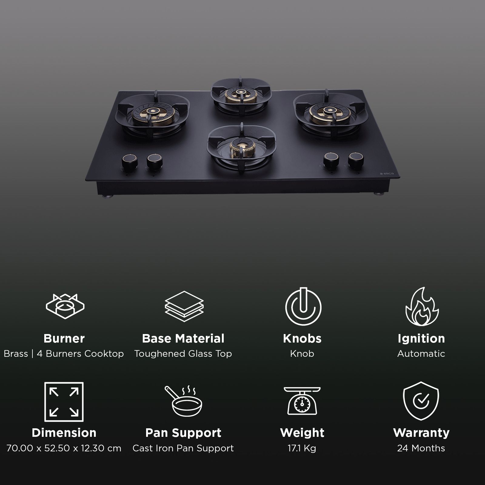 elica MATT CROWN DFS HE FB MFC 4B 70 Toughened Glass Top 4 Burner Automatic Hob (Direct Multi Flame Burners, Matt Glass)_3