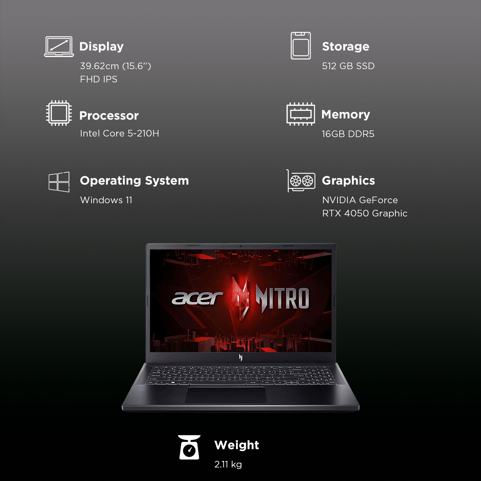acer Nitro V15 ANV15-52 Intel Core 5 Gaming Laptop (16GB, 512GB SSD, Windows 11, 8GB Graphics, 15.6 inch 165 Hz Full HD IPS Display, NVIDIA GeForce RTX 4050, MS Office, 2.11 KG)_3