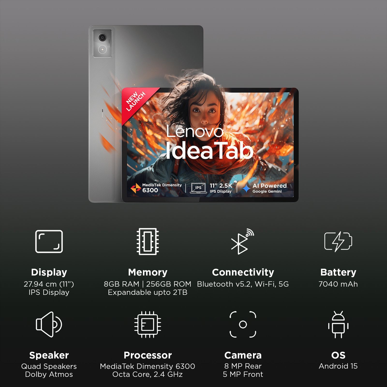 Lenovo Idea Tab Wi-Fi+5G Android Tablet (11 Inch, 8GB RAM, 256GB ROM, Luna Grey)_3