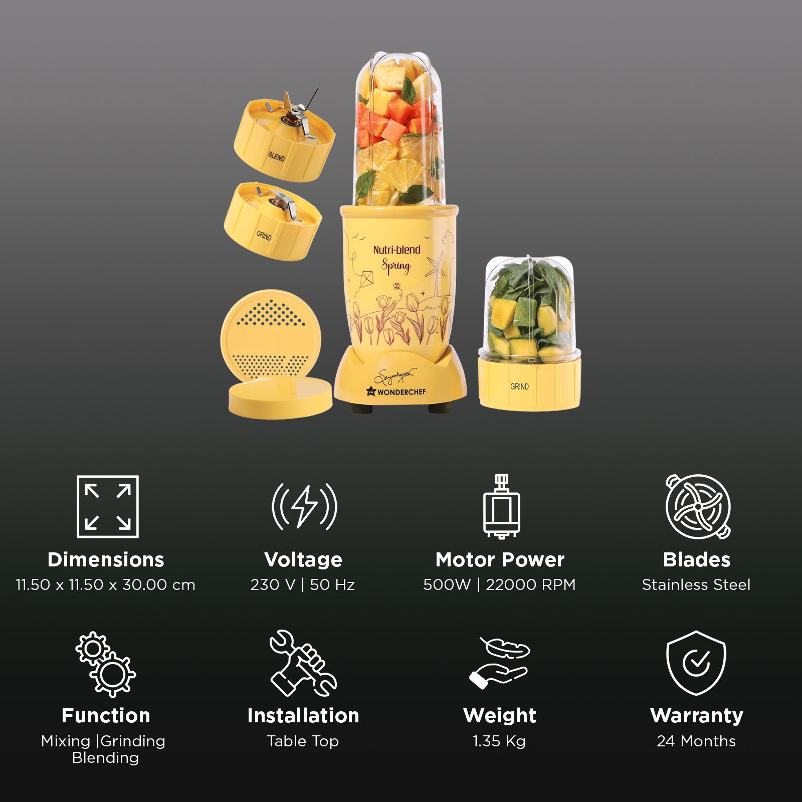 WONDERCHEF Nutri-blend Spring 500 Watt 2 Jars Mixer Grinder Blender (22000 RPM, 100% Copper Motor, Yellow)_2