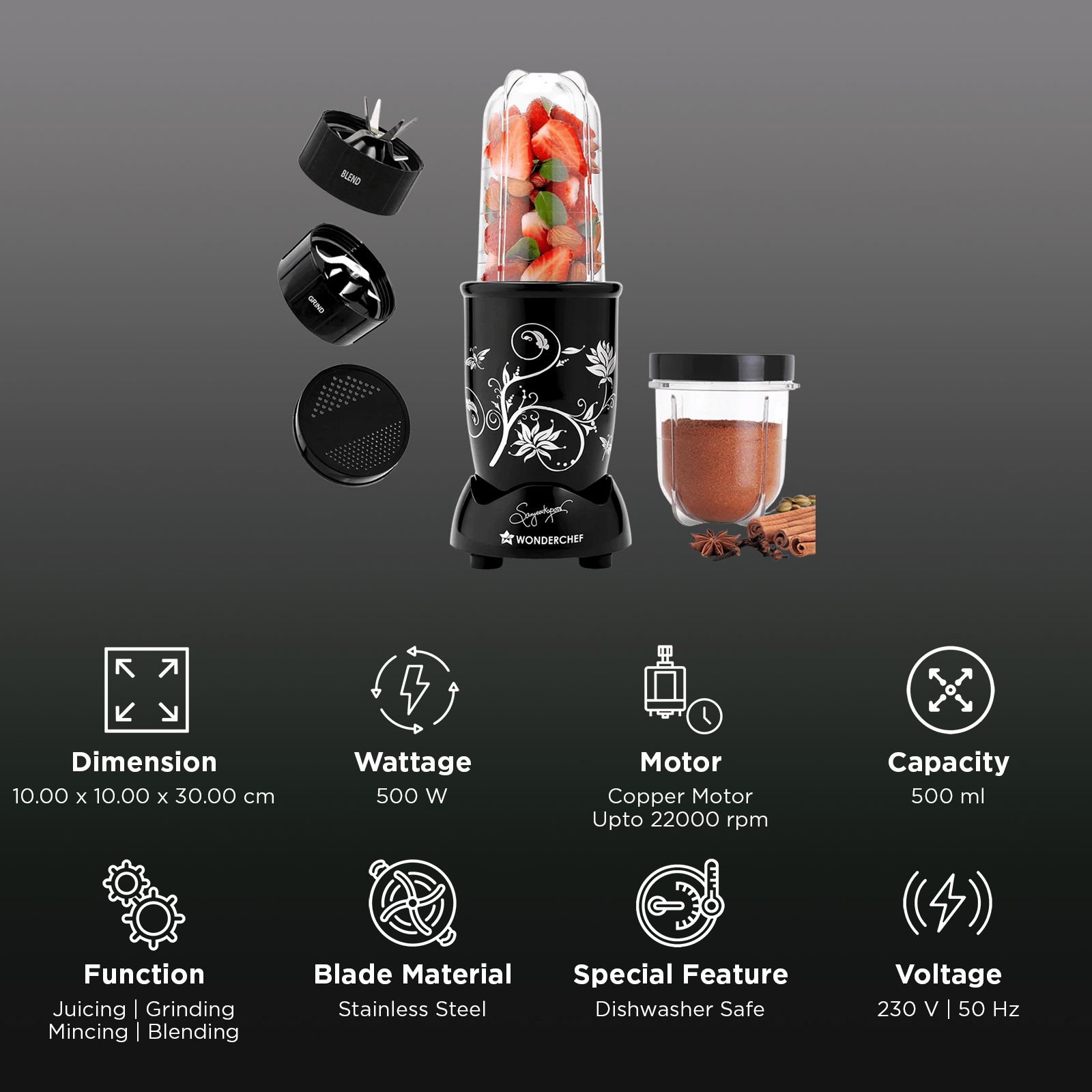 WONDERCHEF Nutri-blend 500 Watt 2 Jars Mixer Grinder Blender (22000 RPM, Powerful Motor, Black) WONDERCHEF Nutri-blend 500 Watt 2 Jars Mixer Grinder Blender (22000 RPM, Powerful Motor, Black)_2