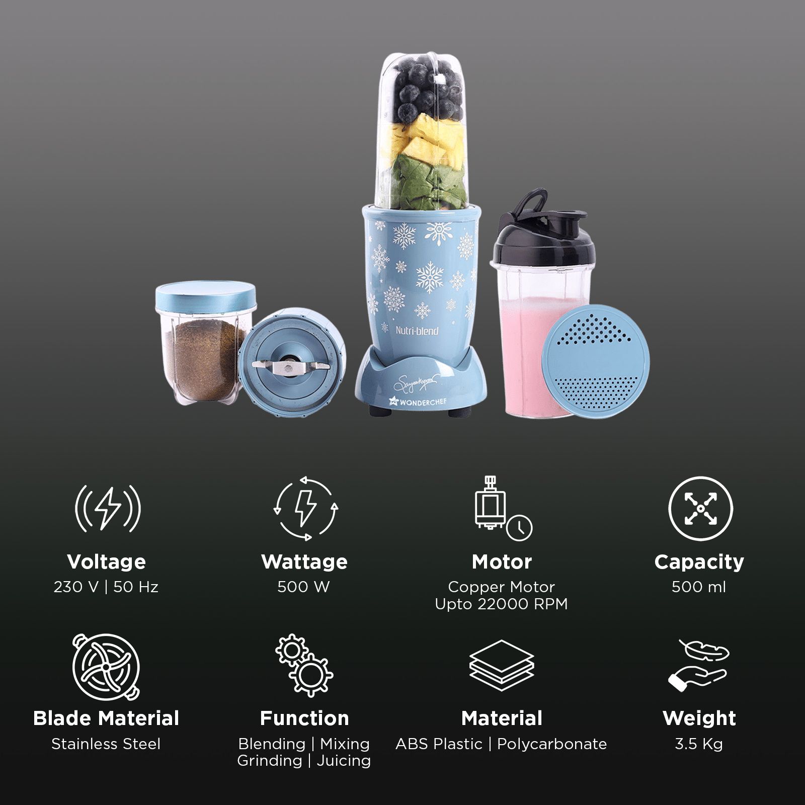 WONDERCHEF Nutri-blend Snowflakes 500 Watt 2 Jars Mixer Grinder Blender (22000 RPM, Powerful Motor, Blue)_2