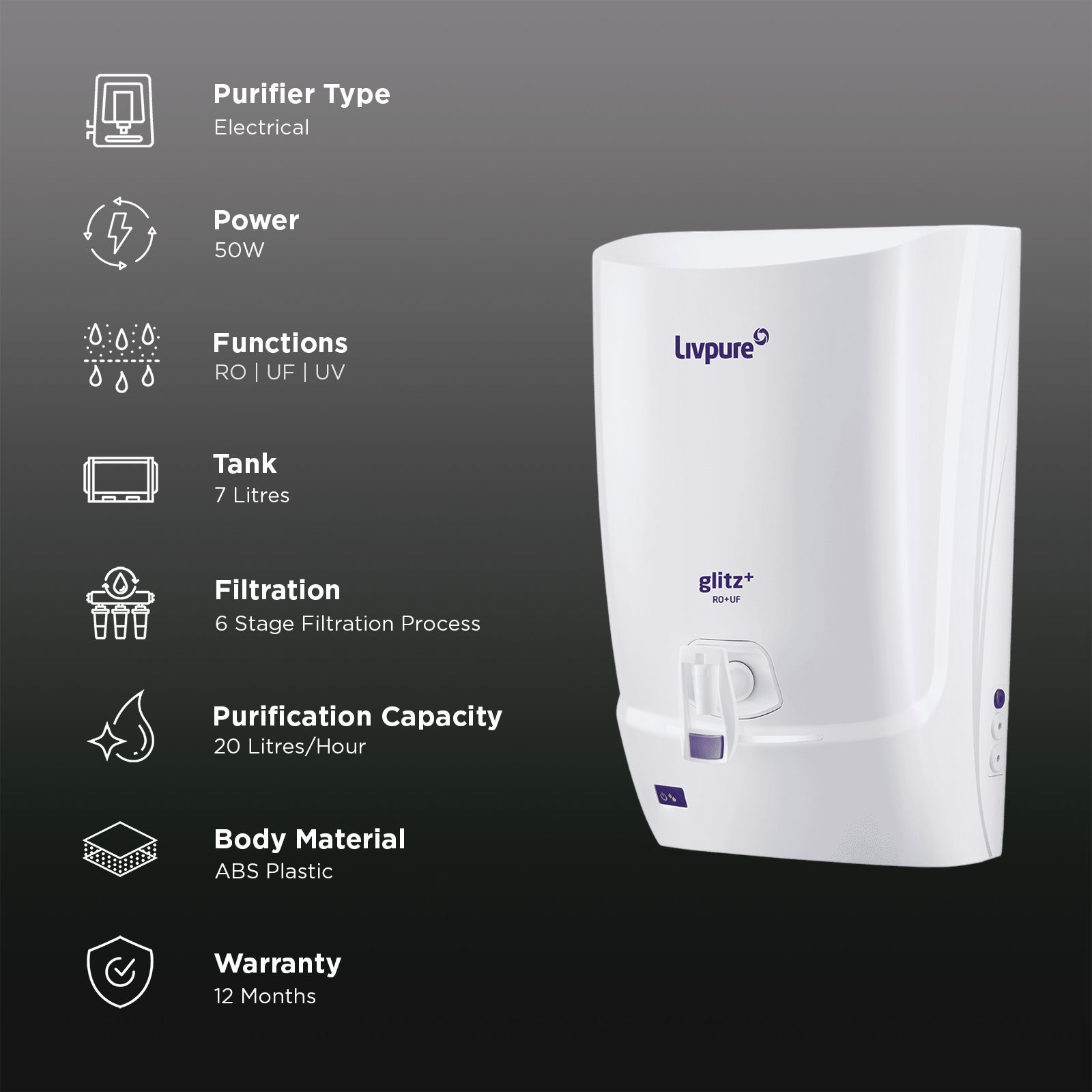 Livepure Glitz Plus 7L RO + UF + UV Water Purifier with Silver Impregnated Post Carbon Filter (White) Livepure Glitz Plus 7L RO + UF + UV Water Purifier with Silver Impregnated Post Carbon Filter (White)_3