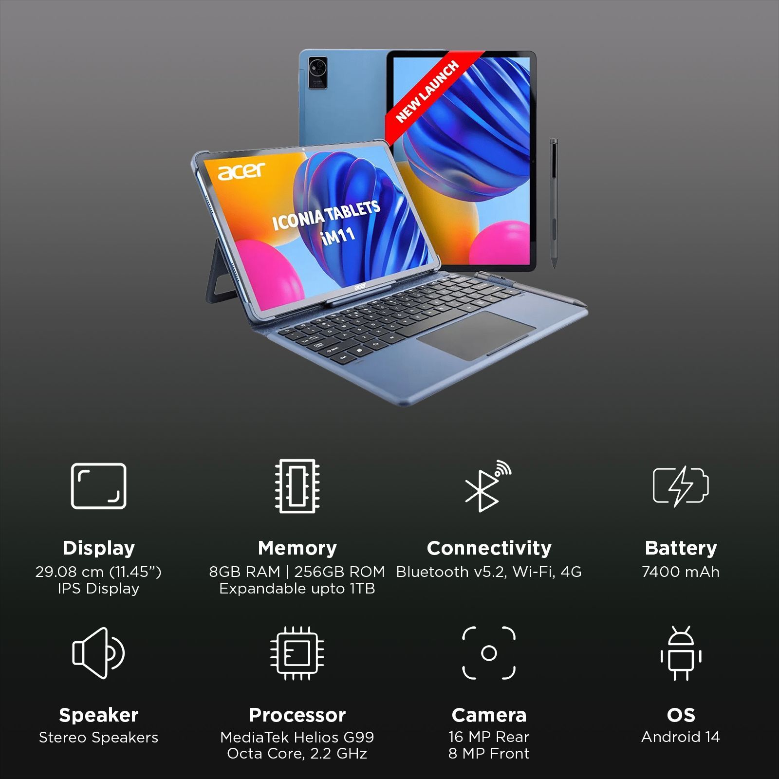 acer Iconia Wi-Fi+4G Android Tablet with Stylus (11.45 Inch, 8GB RAM, 256GB ROM, Blue)_2