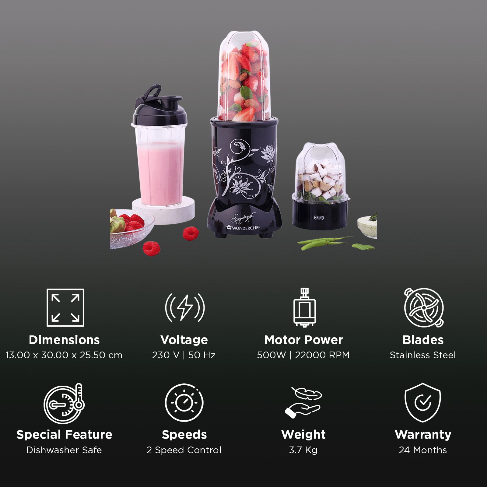 WONDERCHEF Nutri-blend 500 Watt 3 Jars Mixer Grinder Blender (22000 RPM, Powerful Motor, Black)_2