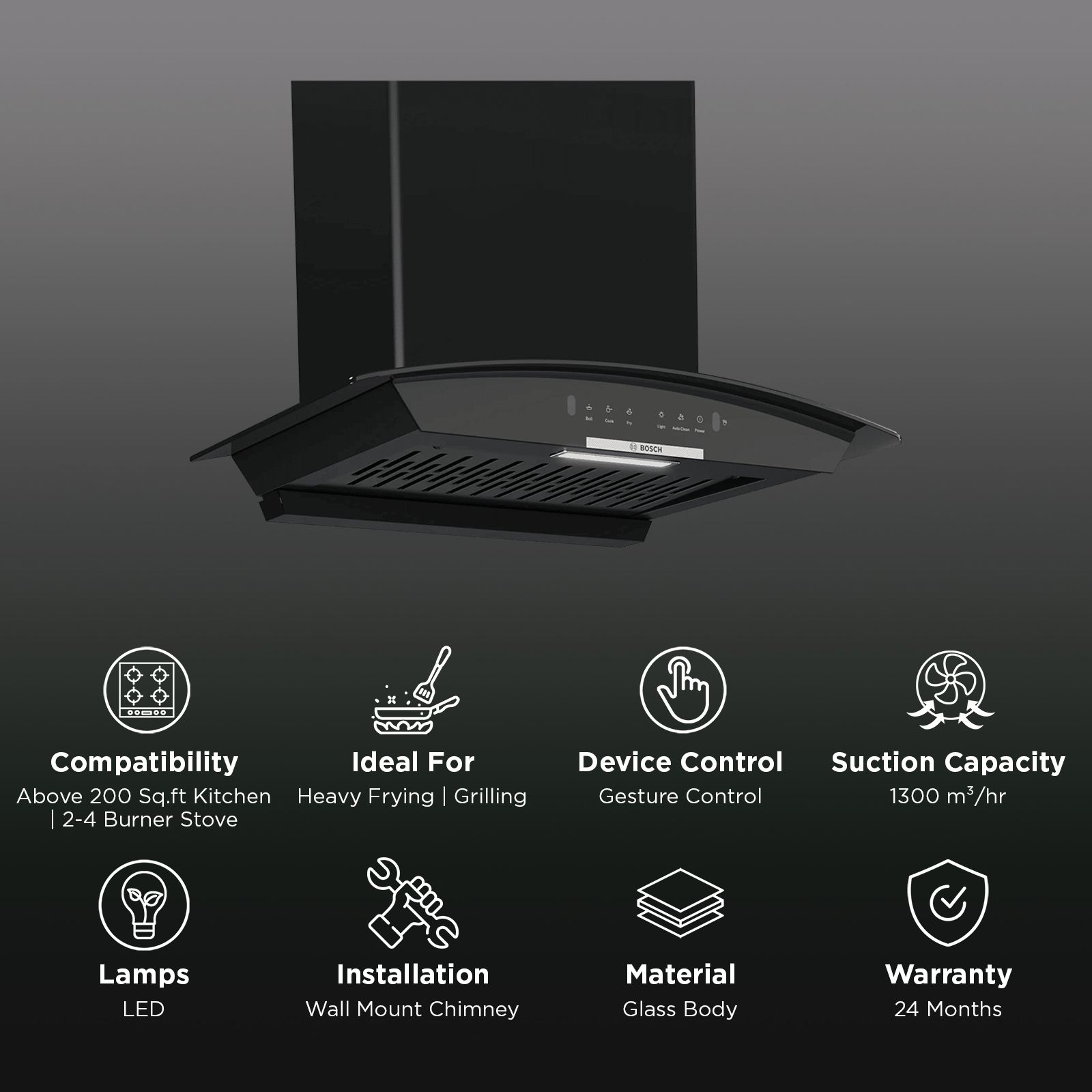 BOSCH Series 4 60cm 1300m3/hr Ducted Auto Clean Wall Mounted Chimney with Gesture Control (Black)_3