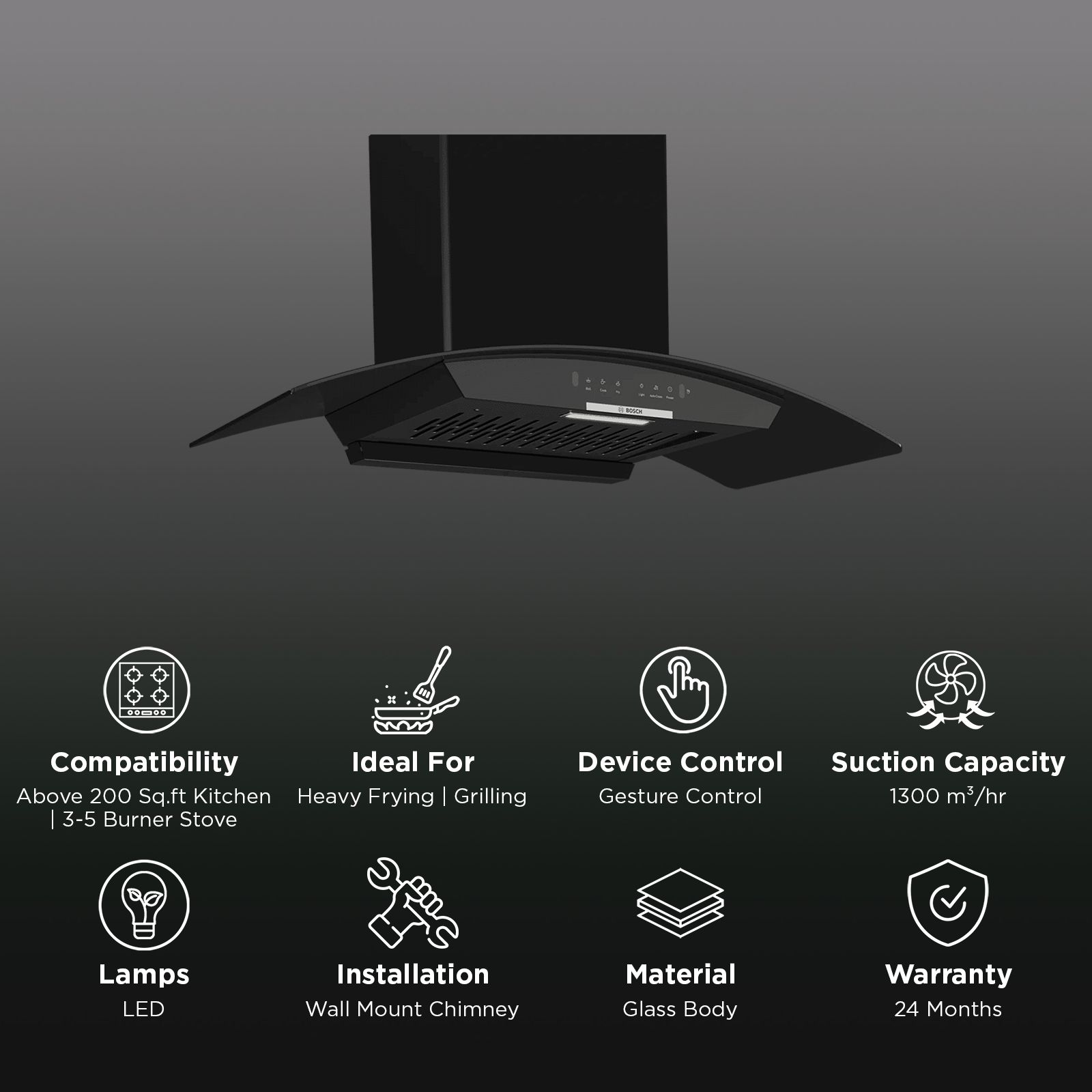 BOSCH Series 4 90cm 1300m3/hr Ducted Auto Clean Wall Mounted Chimney with Gesture Control (Black)_3