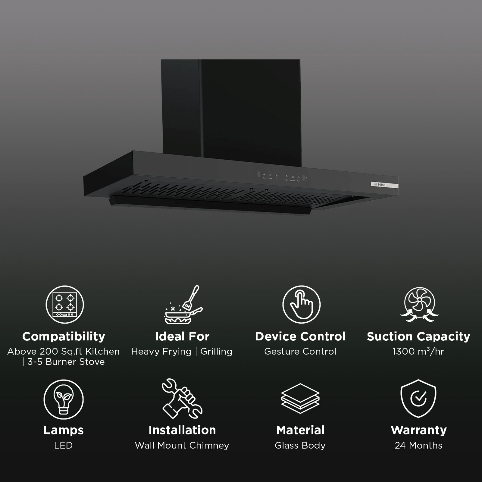 BOSCH Series 4 90cm 1300m3/hr Ductless Auto Clean Wall Mounted Chimney with Gesture Control (Black)_3