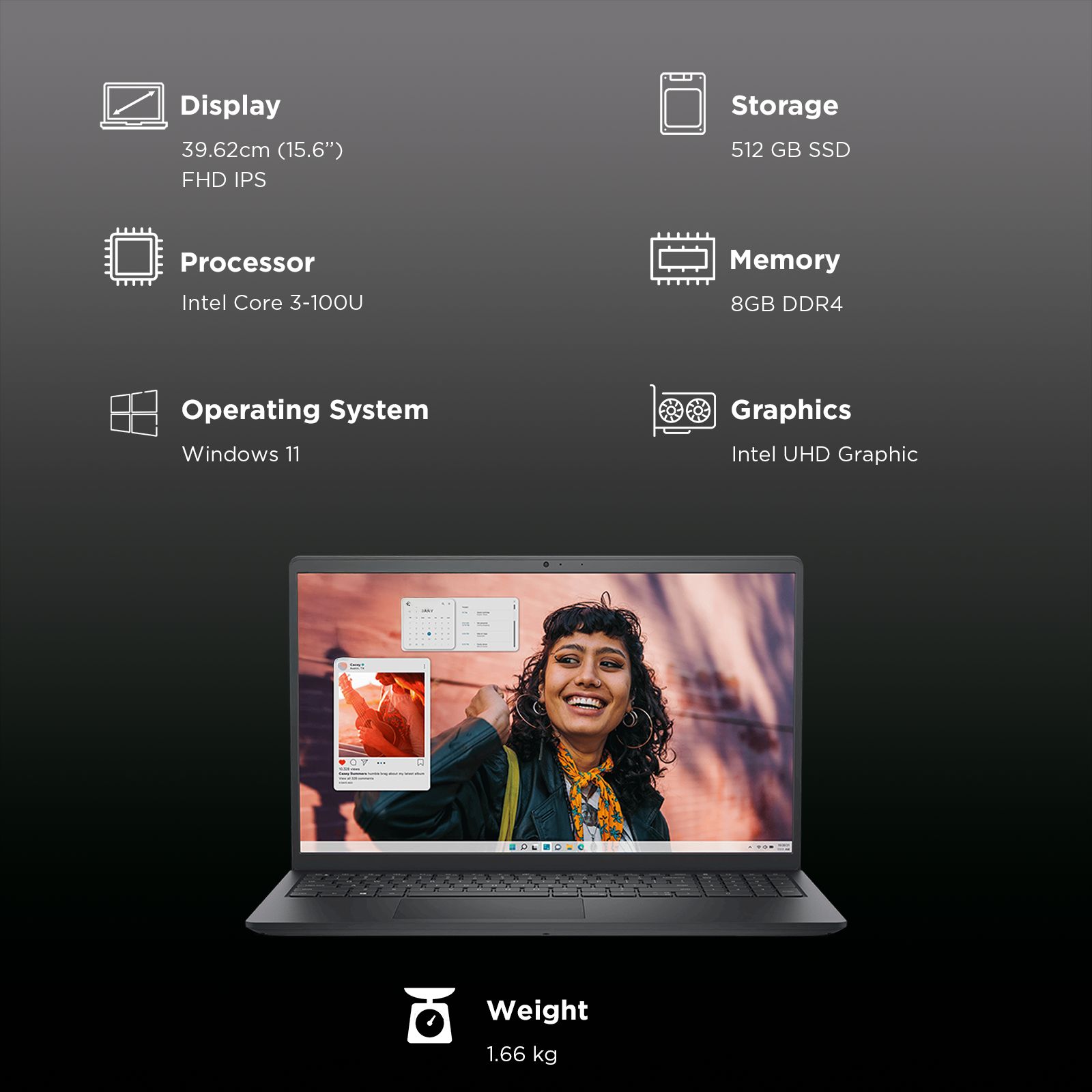 DELL DC 15250 Intel Core 3 Thin & Light Laptop (8GB, 512GB SSD, Windows 11, 15.6 inch Full HD IPS Display, MS Office Home 2024, Carbon Black, 1.66 KG)_3