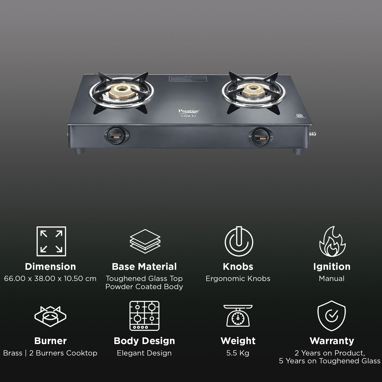 Prestige Efficia Toughened Glass Top 2 Burner Manual Gas Stove (ISI Certified, Black)_3