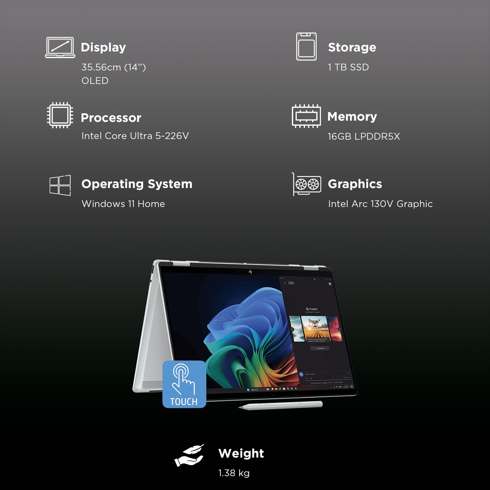 HP OmniBook X Flip 14-fm0099TU Intel Core Ultra 5 Touchscreen 2-in-1 Laptop (16GB, 1TB SSD, Windows 11 Home, 14 inch OLED Display, Meteor Silver, 1.38 KG)_3