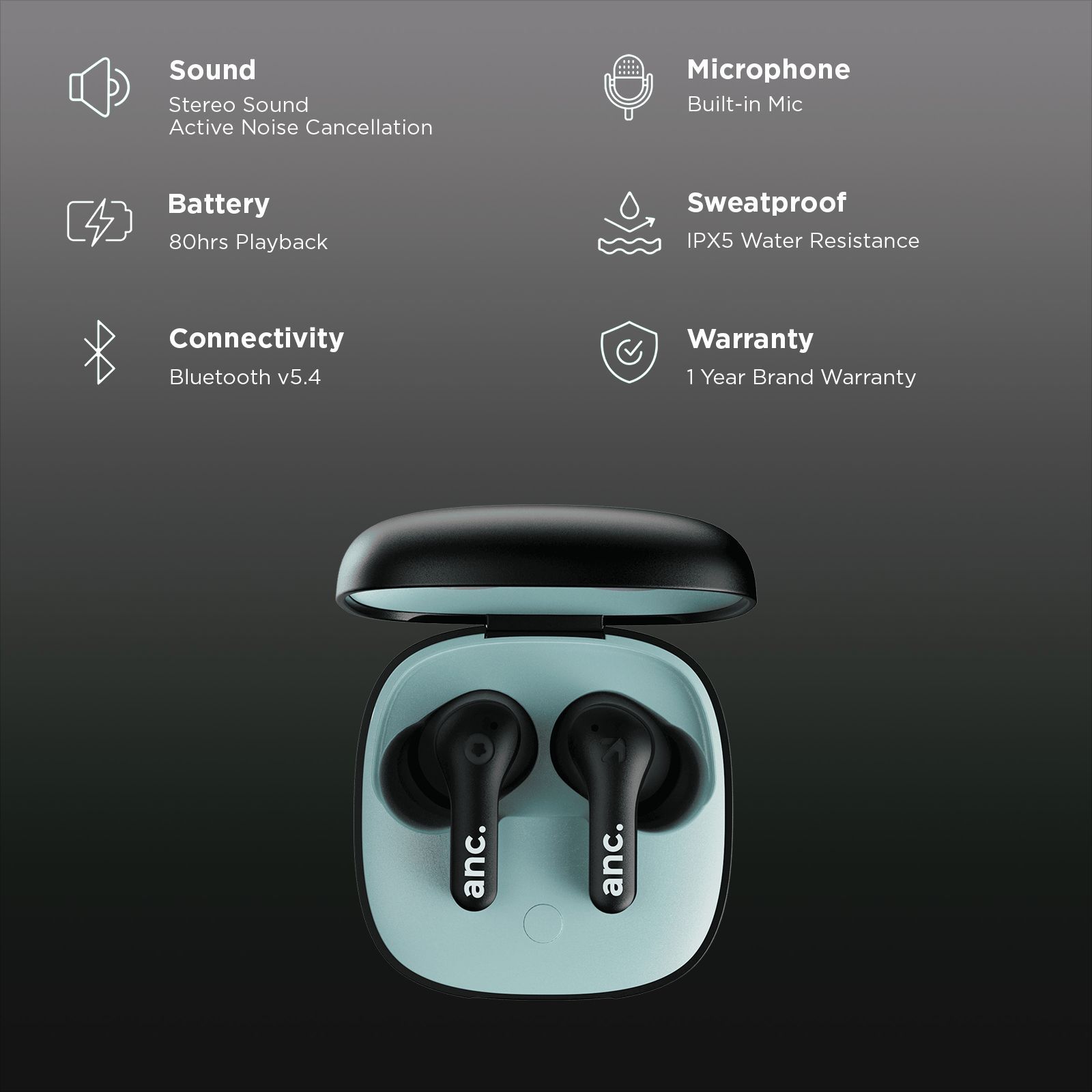 GOBOULT TuneX TWS Earbuds with Active Noise Cancellation (IPX5 Water Resistant, Fast Charging, Black)_2