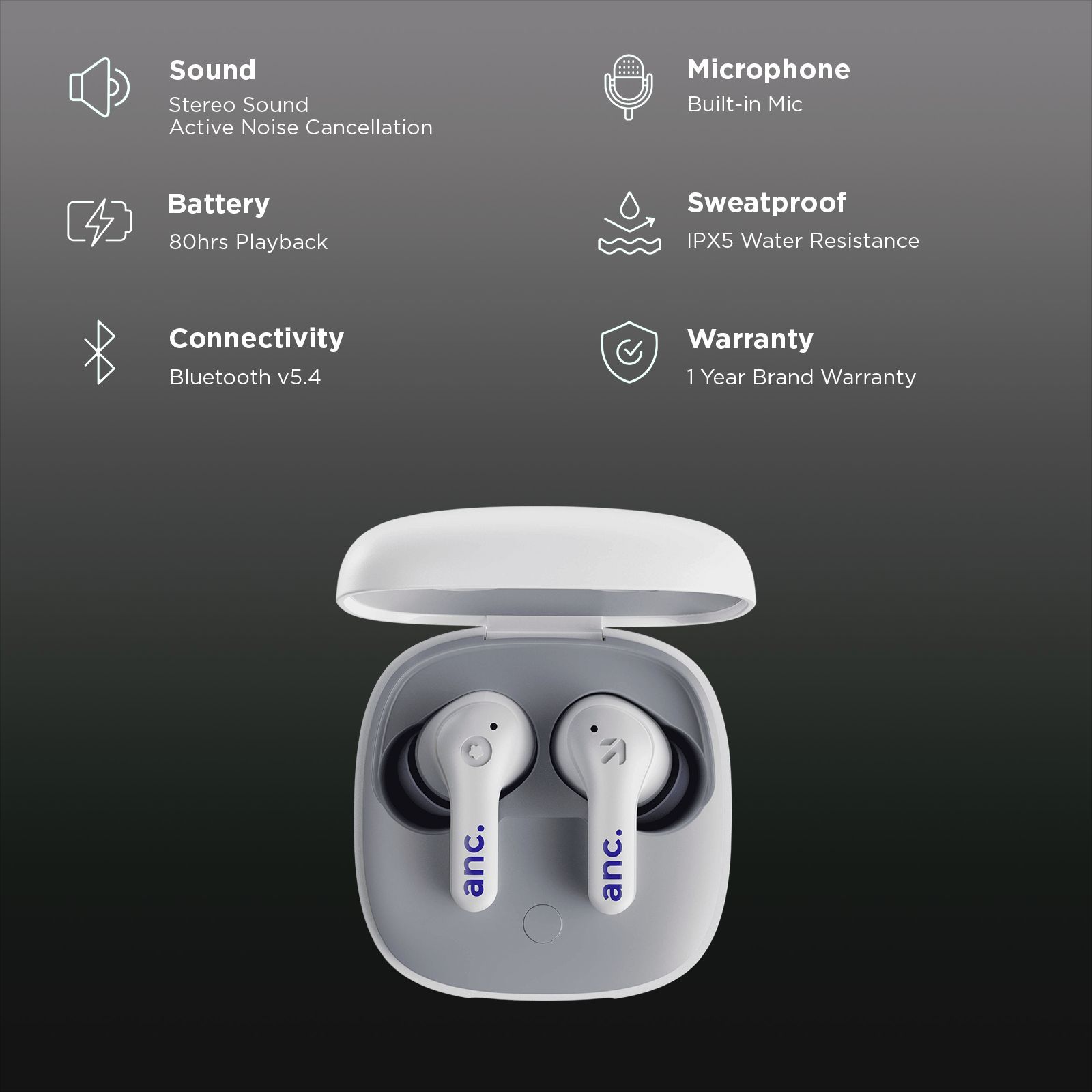 GOBOULT TuneX TWS Earbuds with Active Noise Cancellation (IPX5 Water Resistant, Fast Charging, White)_2