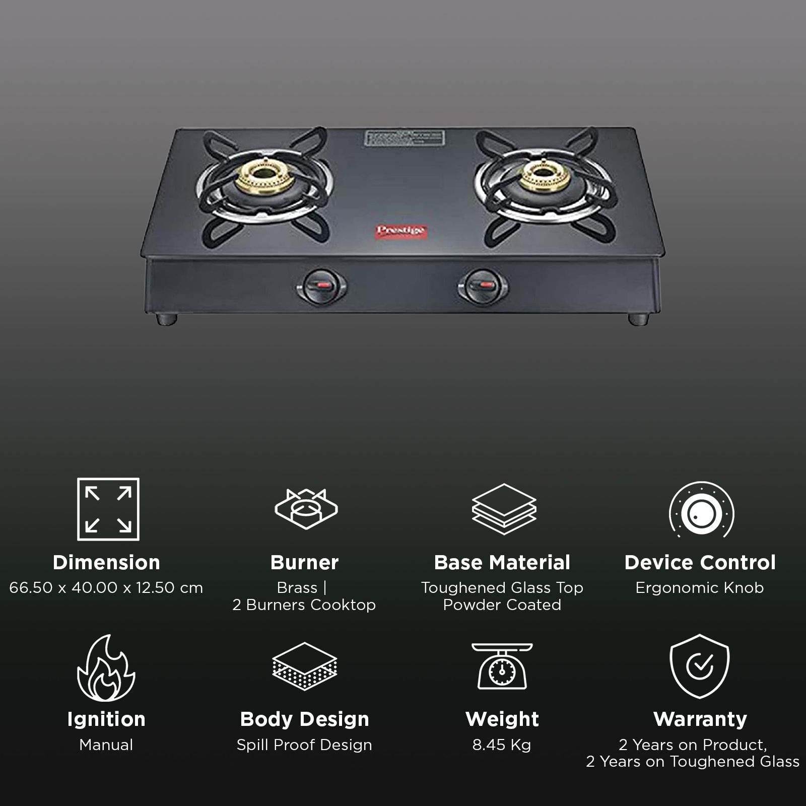 Prestige Marvel Plus GTM02 Toughened Glass Top 2 Burner Manual Gas Stove (Spill-Proof Design, Black)_2