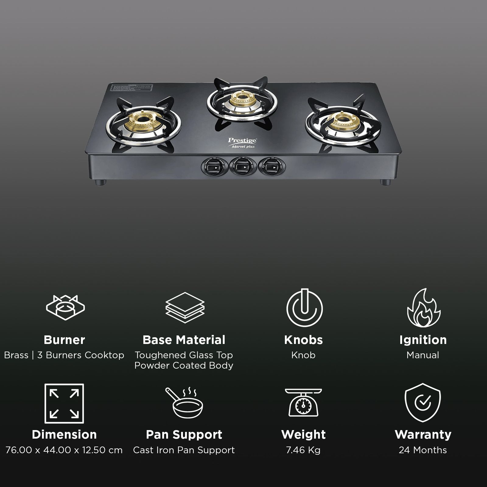 Prestige Marvel Plus Toughened Glass Top 3 Burner Manual Gas Stove (Tri-Pin Burners, Black) Prestige Marvel Plus Toughened Glass Top 3 Burner Manual Gas Stove (Tri-Pin Burners, Black)_3