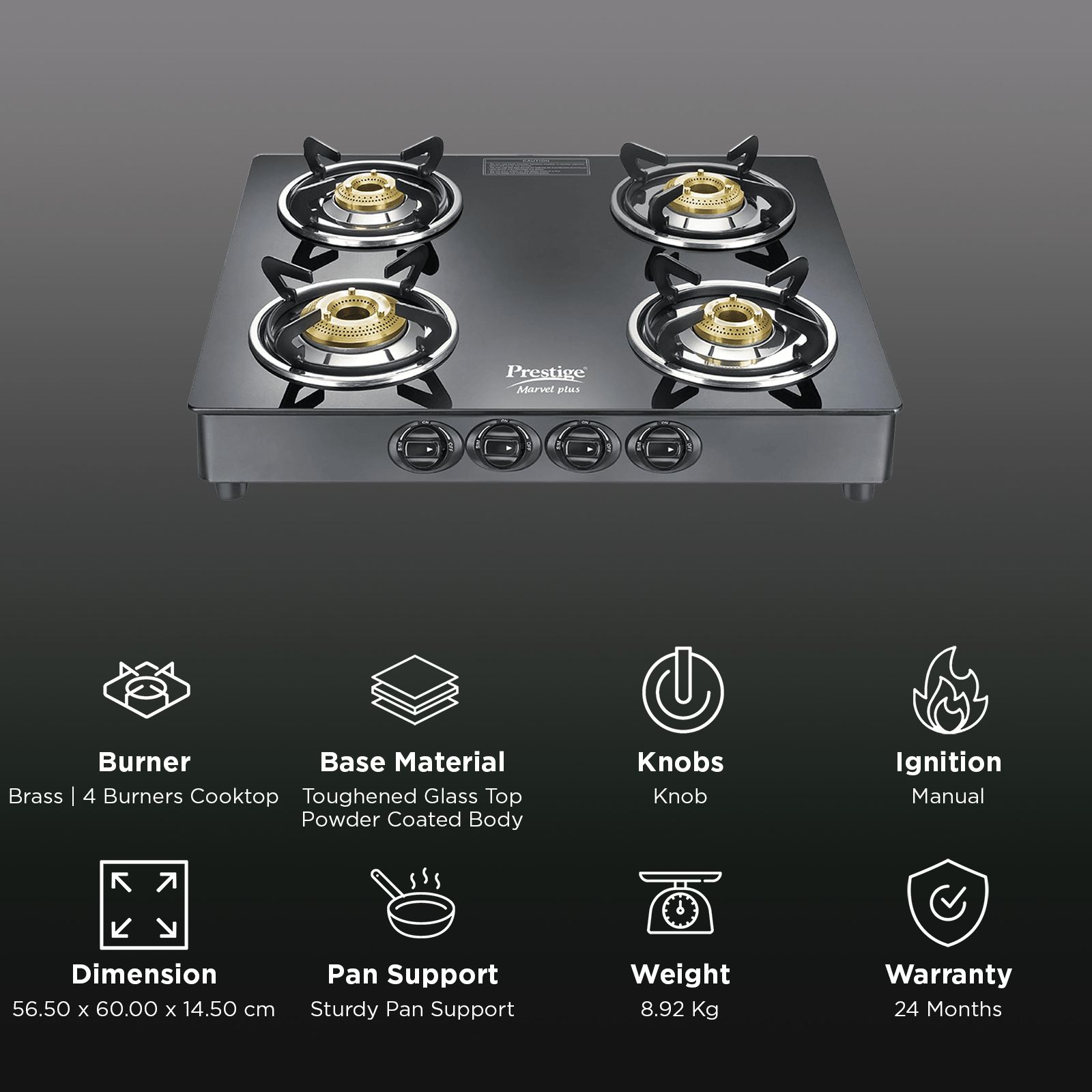 Prestige Marvel Plus GTM 04 SQ Toughened Glass Top 4 Burner Manual Gas Stove (Tri-Pin Burner, Black)_3