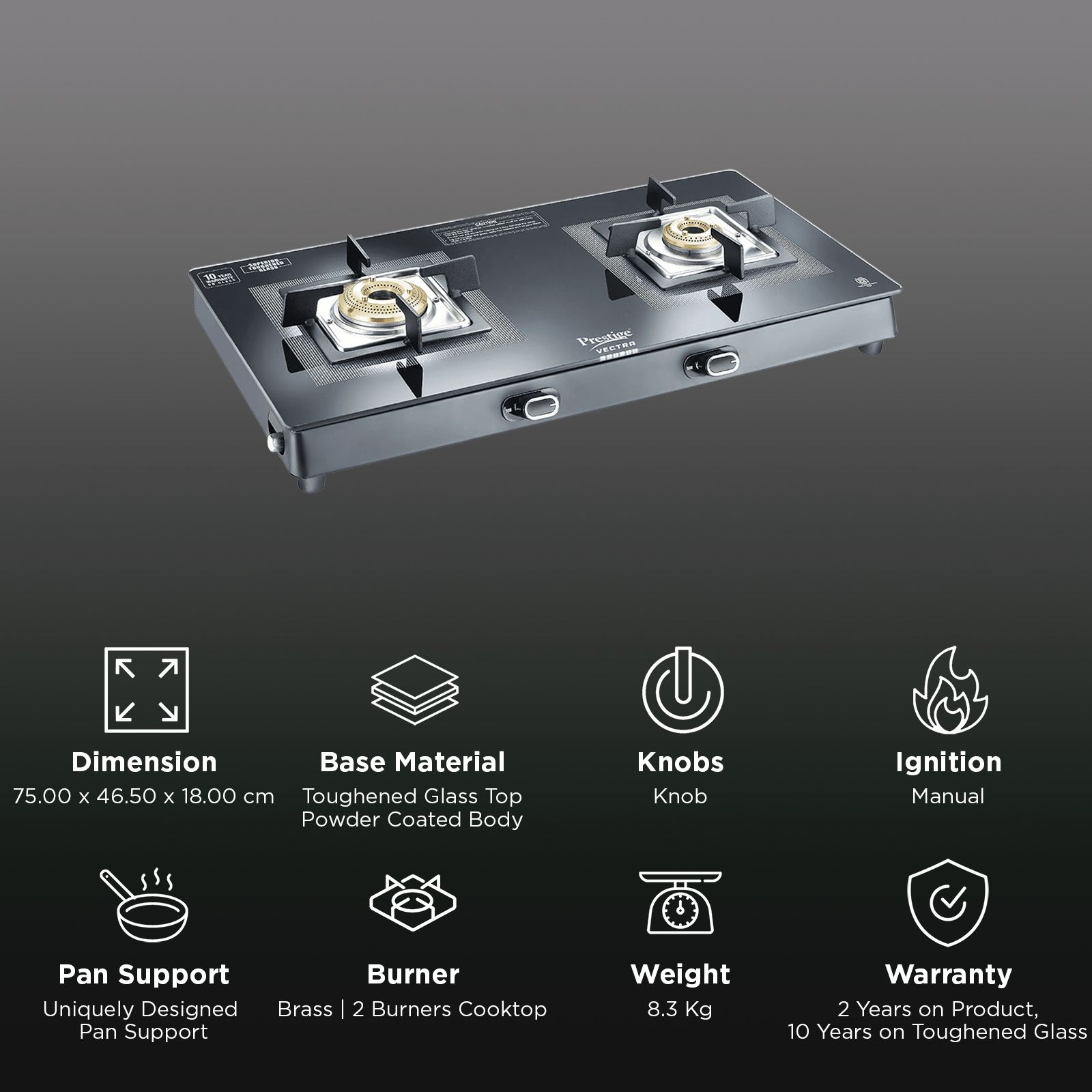 Prestige Vectra Toughened Glass Top 2 Burner Manual Gas Stove (ISI Certified, Black)_3