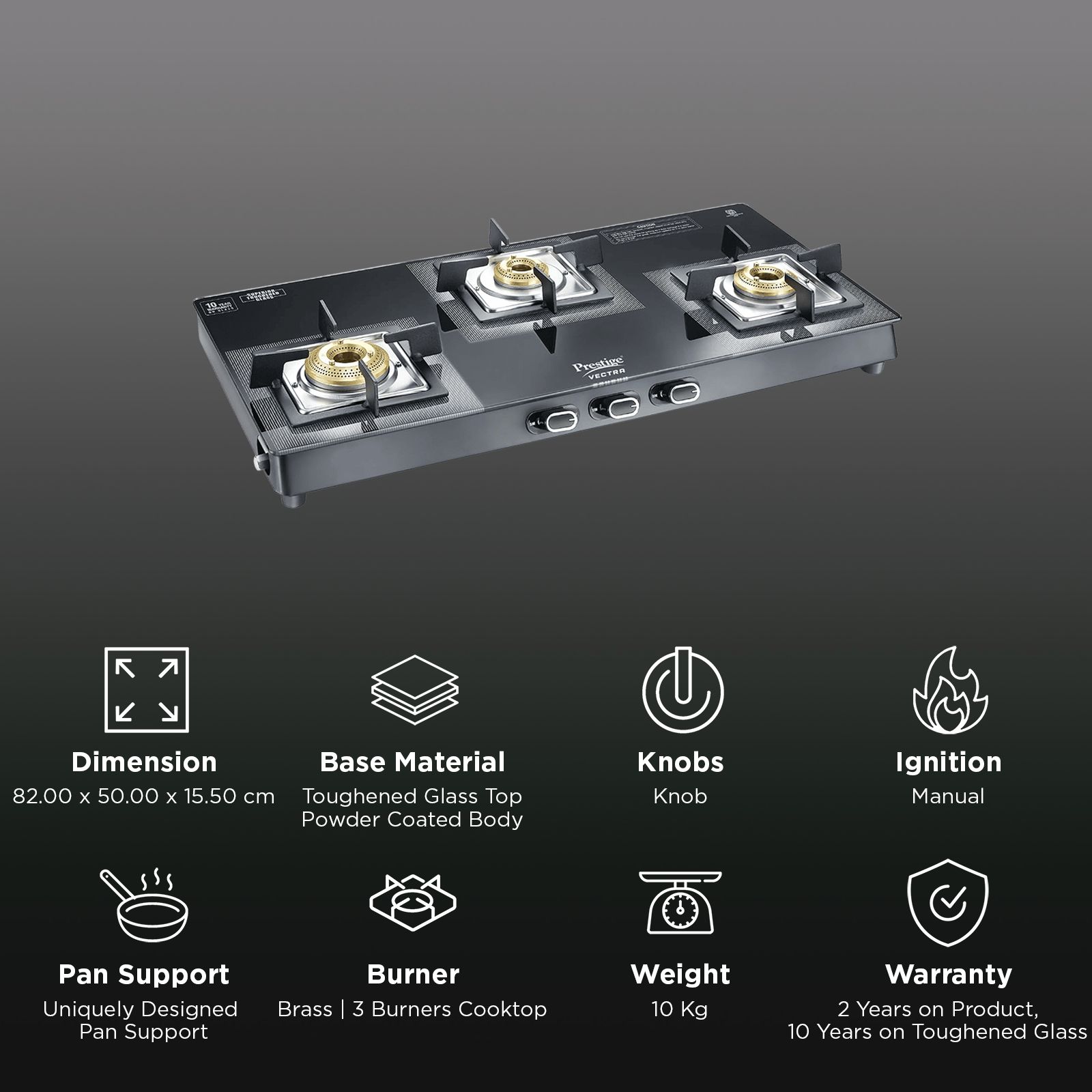 Prestige Vectra Toughened Glass Top 3 Burner Manual Gas Stove (ISI Certified, Black)_3