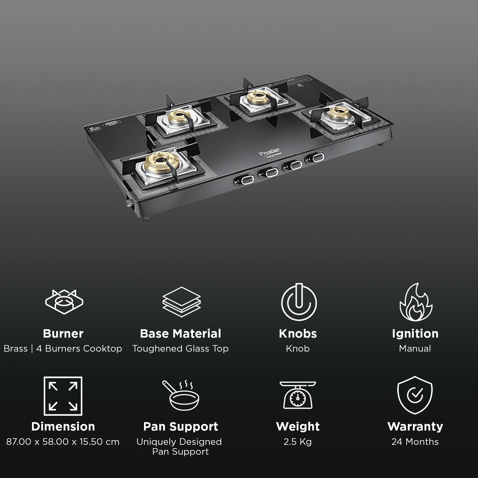 Prestige Vectra Toughened Glass Top 4 Burner Manual Gas Stove (360 Degree Revolving Nozzle, Black)_3