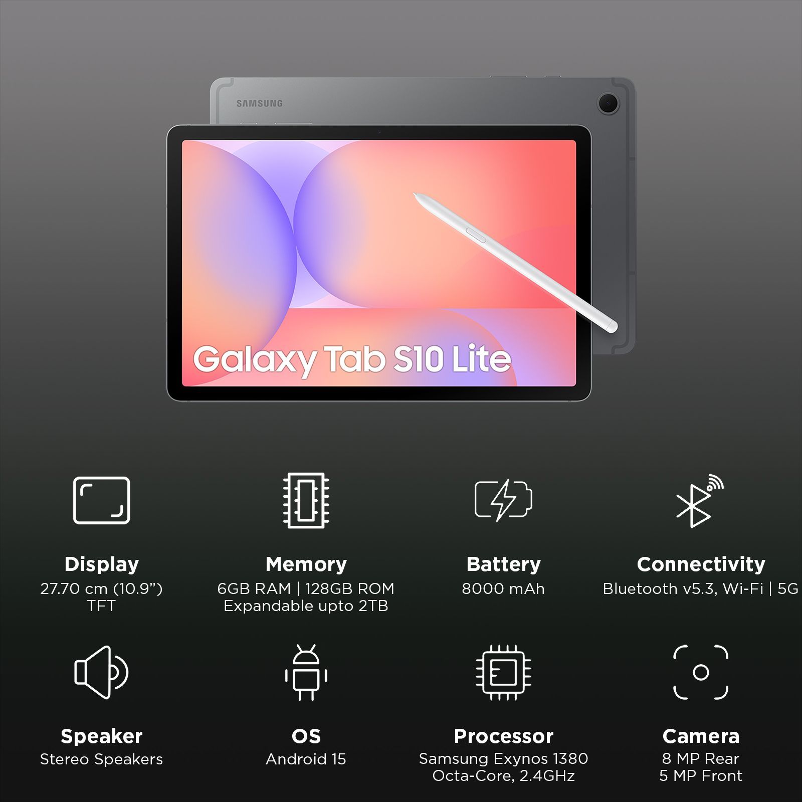 SAMSUNG Galaxy Tab S10 Lite Wi-Fi+5G Android Tablet with S Pen (10.9 Inch, 6GB RAM, 128GB ROM, Gray)_3