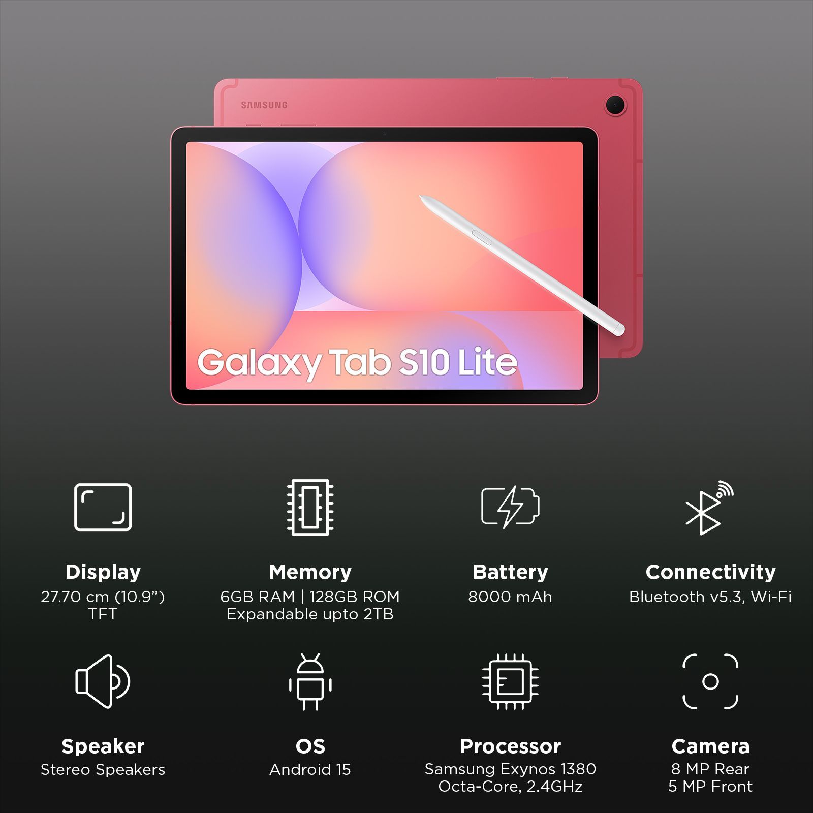 SAMSUNG Galaxy Tab S10 Lite Wi-Fi Android Tablet with S Pen (10.9 Inch, 6GB RAM, 128GB ROM, Coralred)_3