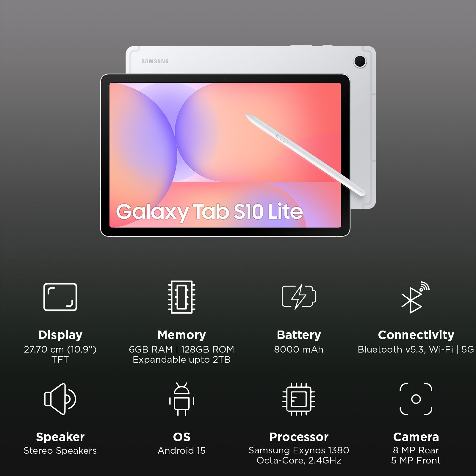 SAMSUNG Galaxy Tab S10 Lite Wi-Fi+5G Android Tablet with S Pen (10.9 Inch, 6GB RAM, 128GB ROM, Silver)_3
