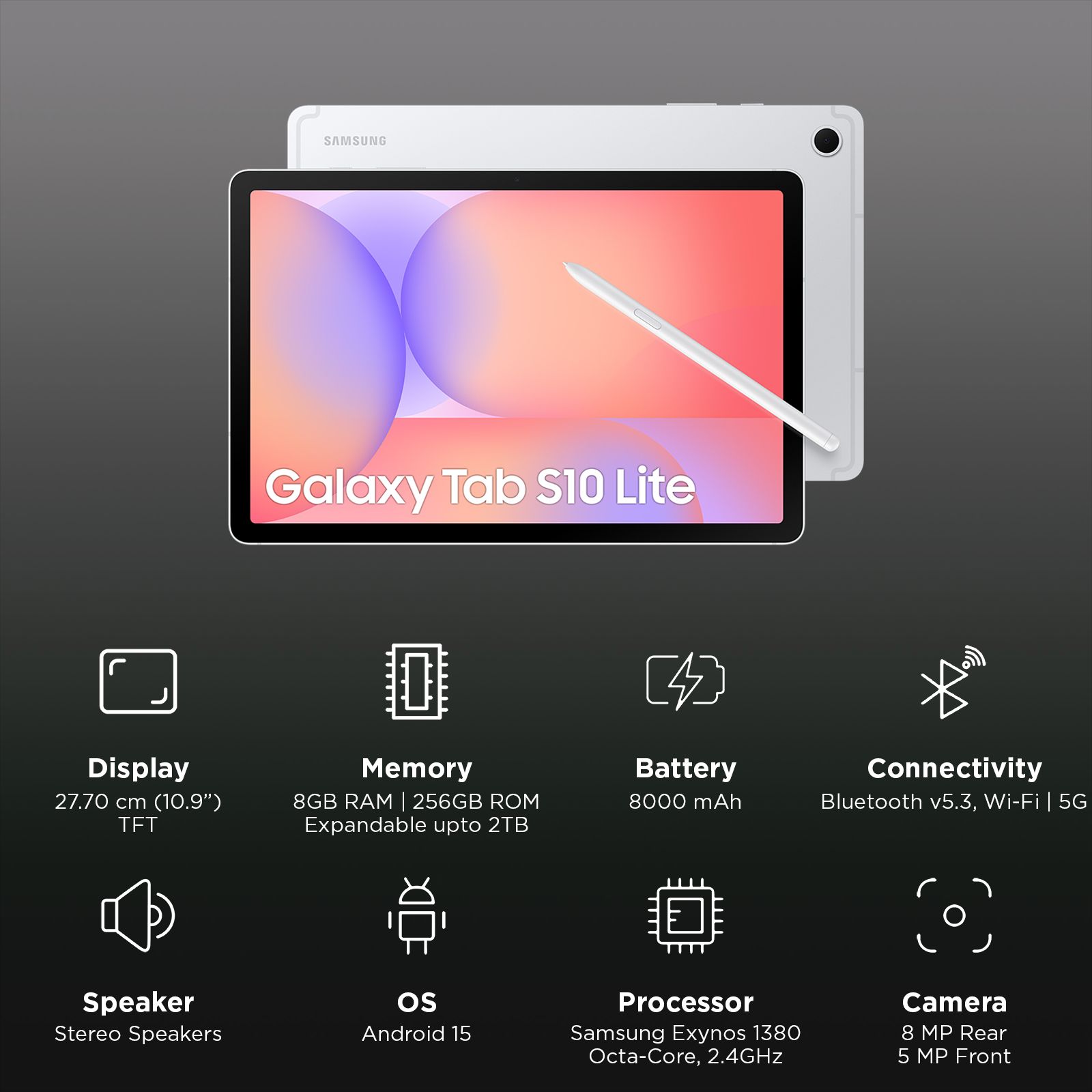 SAMSUNG Galaxy Tab S10 Lite Wi-Fi+5G Android Tablet with S Pen (10.9 Inch, 8GB RAM, 256GB ROM, Silver)_3
