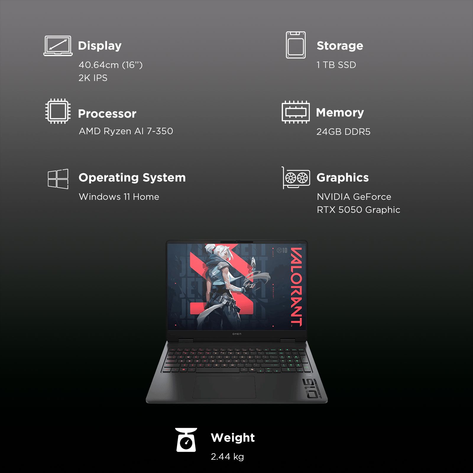 HP OMEN 16-ap0165AX AMD Ryzen AI 7 Gaming Laptop (24GB, 1TB SSD, Windows 11 Home, 8GB Graphics, 16 inch 165 Hz 2K IPS Display, NVIDIA GeForce RTX 5050, Shadow Black, 2.44 KG)_3