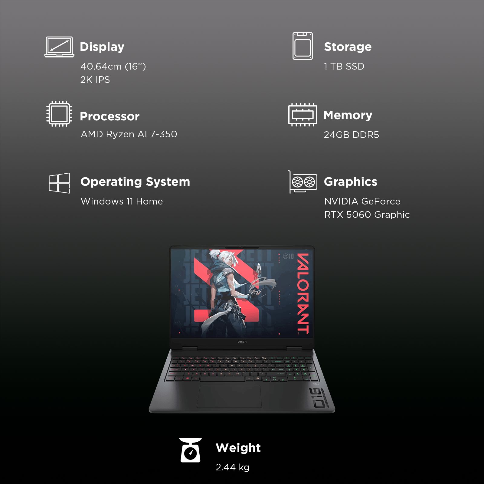HP OMEN 16 AMD Ryzen AI 7 Gaming Laptop (24GB, 1TB SSD, Windows 11 Home, 8GB Graphics, 16 inch 165 Hz 2K IPS Display, NVIDIA GeForce RTX 5060, MS Office Home 2024, Shadow Black, 2.44 KG) HP OMEN 16 AMD Ryzen AI 7 Gaming Laptop (24GB, 1TB SSD, Windows 11 Home, 8GB Graphics, 16 inch 165 Hz 2K IPS Display, NVIDIA GeForce RTX 5060, MS Office Home 2024, Shadow Black, 2.44 KG)_3