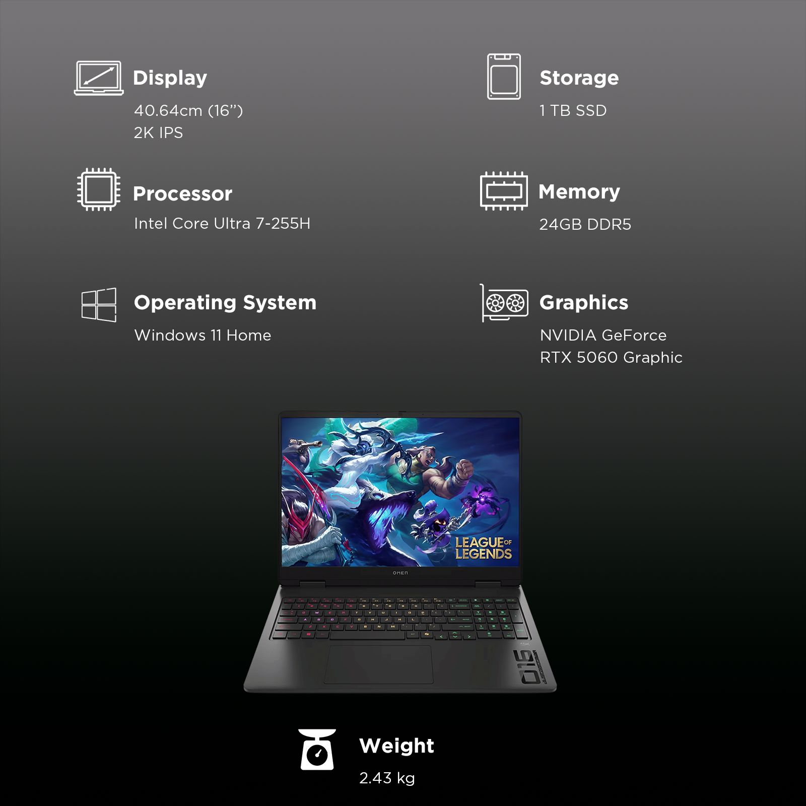 HP OMEN 16 Intel Core Ultra 7 Gaming Laptop (24GB, 1TB SSD, Windows 11 Home, 8GB Graphics, 16 inch 165 Hz 2K IPS Display, NVIDIA GeForce RTX 5060, MS Office Home 2024, Shadow Black, 2.43 KG)_3