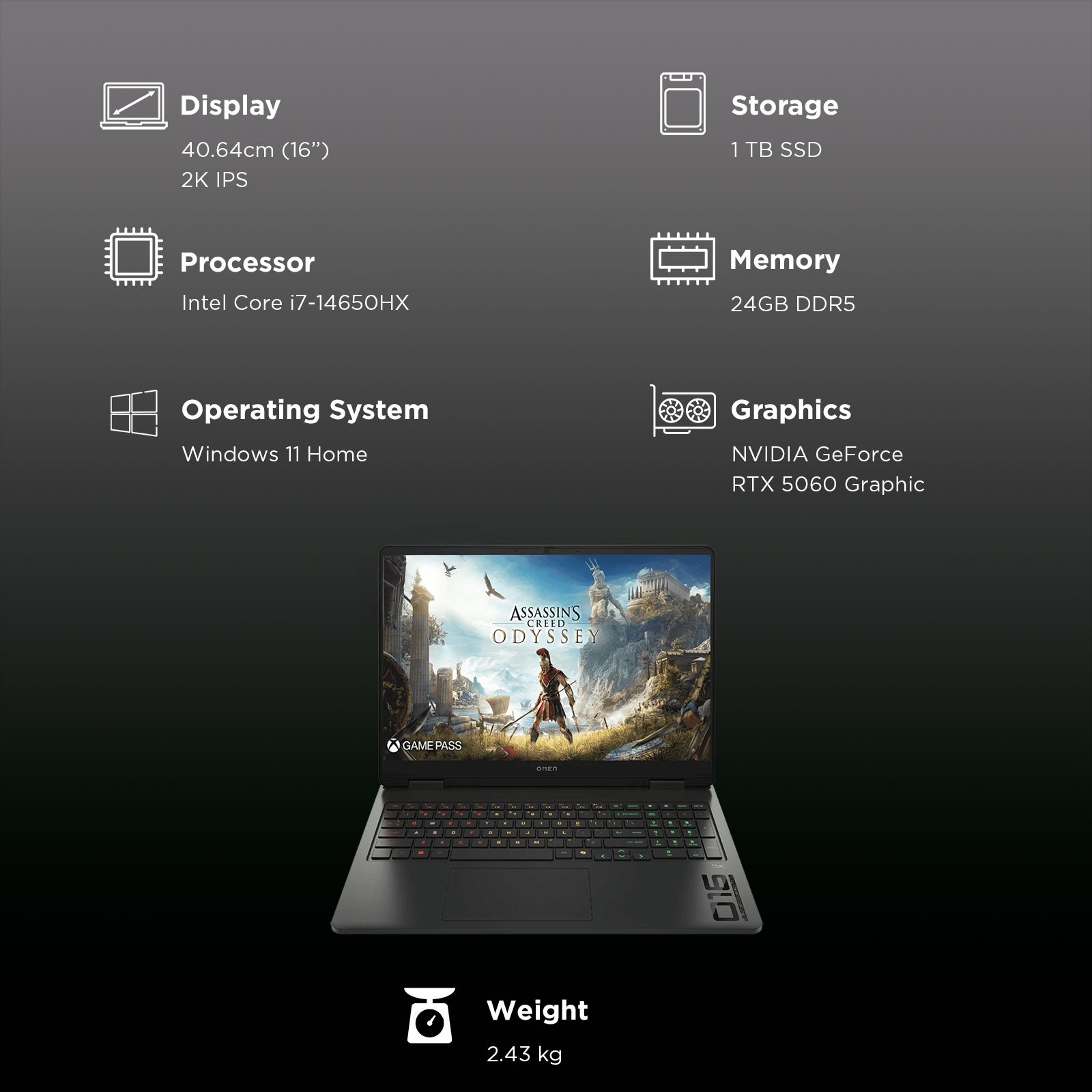 HP OMEN 16-am0239TX Intel Core i7 14th Gen Gaming Laptop (24GB, 1TB SSD, Windows 11 Home, 8GB Graphics, 16 inch 165 Hz 2K IPS Display, NVIDIA GeForce RTX 5060, MS Office Home 2024, Shadow Black, 2.43 KG)_3