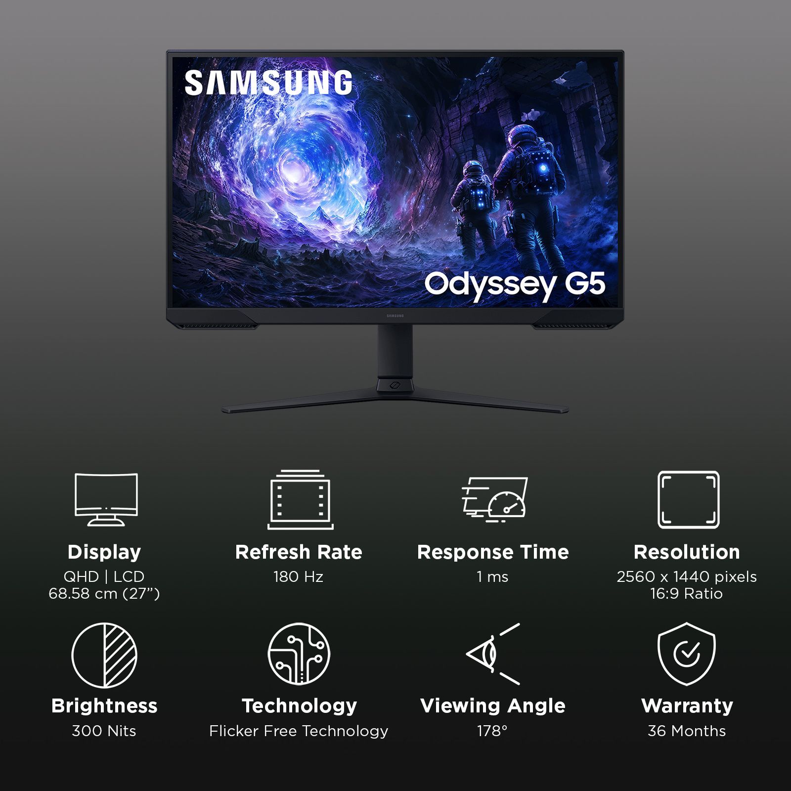 SAMSUNG Odyssey G5 68.58 cm (27 inch) QHD VA Panel LCD Height Adjustable Gaming Monitor with AMD FreeSync_3