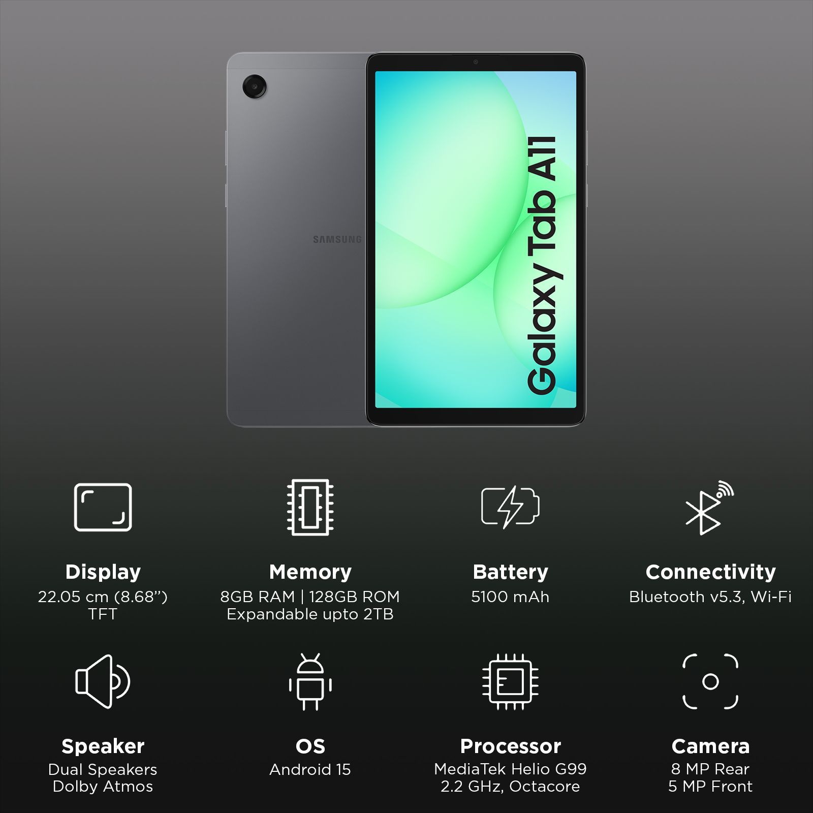 SAMSUNG Galaxy Tab A11 Wi-Fi Android Tablet (8.68 Inch, 8GB RAM, 128GB ROM, Gray)_3