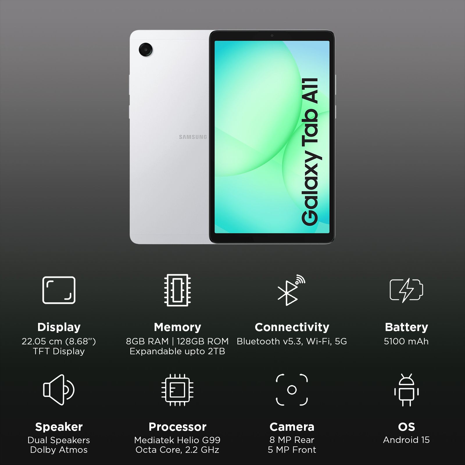 SAMSUNG Galaxy Tab A11 Wi-Fi Android Tablet (8.68 Inch, 8GB RAM, 128GB ROM, Silver)_3