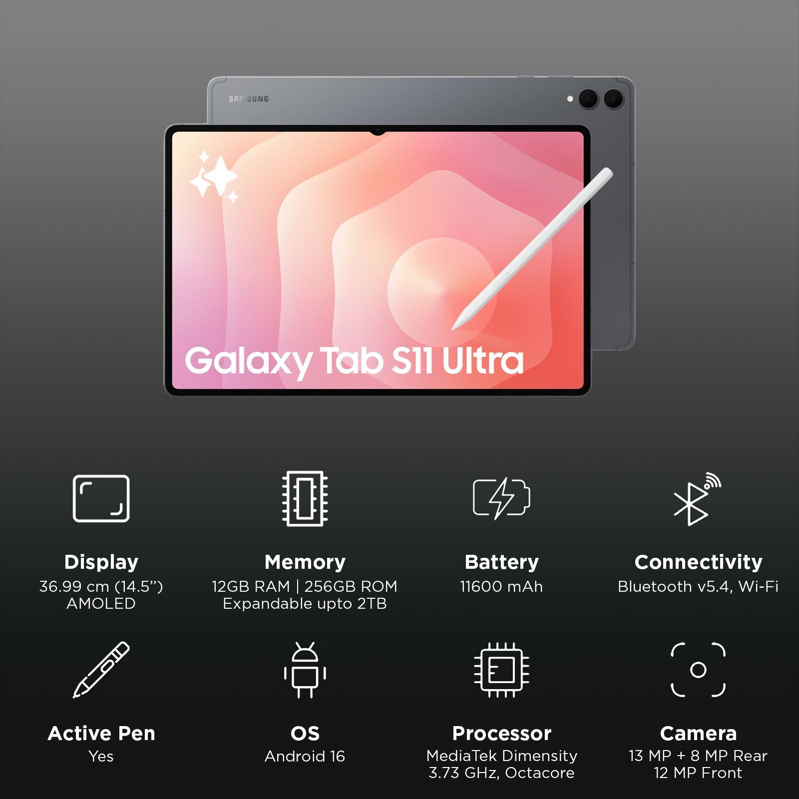 SAMSUNG Galaxy Tab S11 Ultra Wi-Fi Android Tablet with S Pen (14.5 Inch, 12GB RAM, 256GB ROM, Gray)_3
