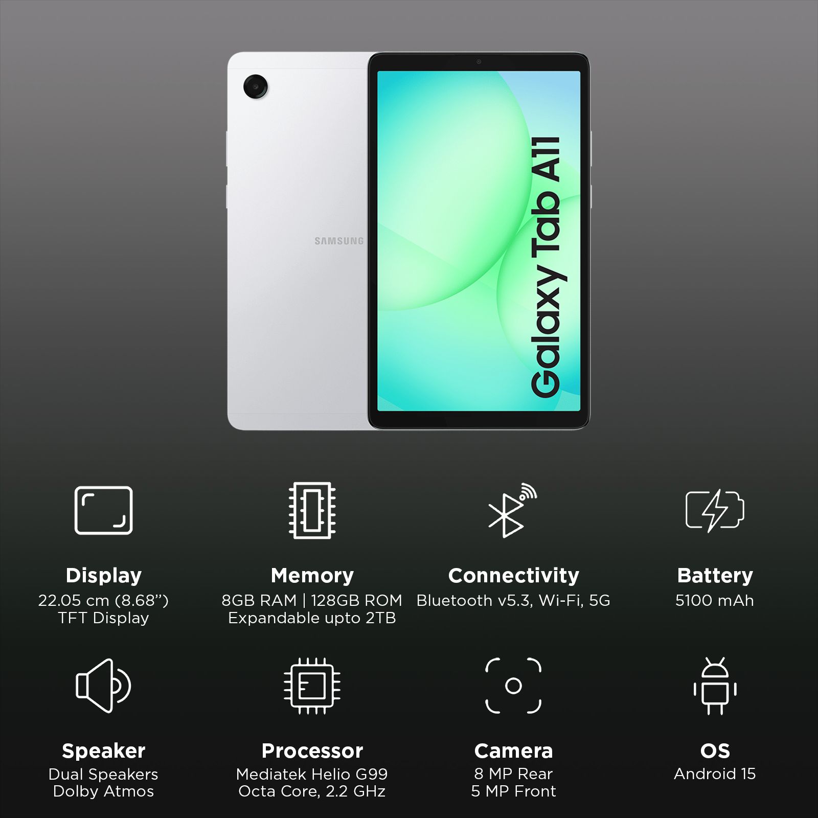 SAMSUNG Galaxy Tab A11 Wi-Fi+5G Android Tablet (8.68 Inch, 8GB RAM, 128GB ROM, Silver)_3