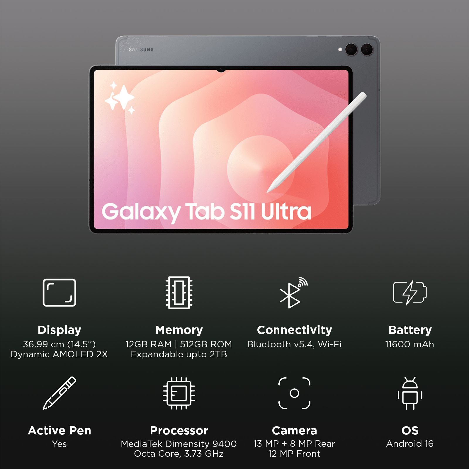 SAMSUNG Galaxy Tab S11 Ultra Wi-Fi Android Tablet with S Pen (14.5 Inch, 12GB RAM, 512GB ROM, Gray) SAMSUNG Galaxy Tab S11 Ultra Wi-Fi Android Tablet with S Pen (14.5 Inch, 12GB RAM, 512GB ROM, Gray)_3