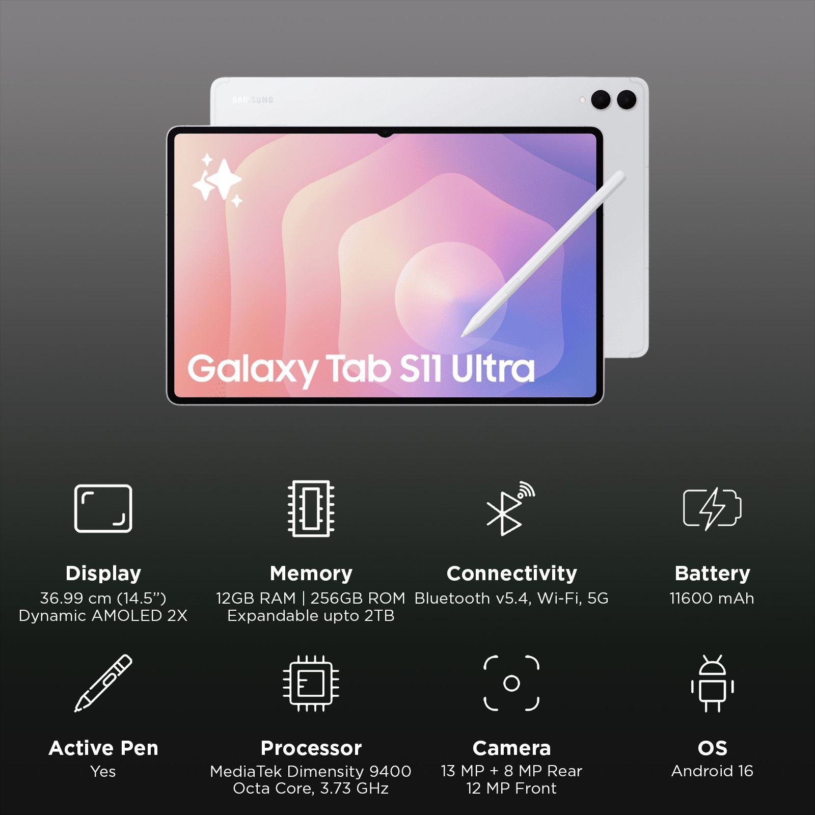 SAMSUNG Galaxy Tab S11 Ultra Wi-Fi+5G Android Tablet with S Pen (14.5 Inch, 12GB RAM, 256GB ROM, Silver)_3