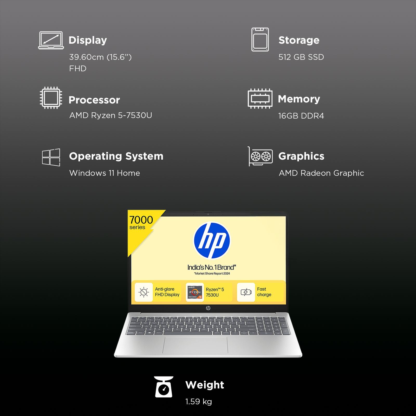 HP 15-fc0703AU AMD Ryzen 5 Thin & Light Laptop (16GB, 512GB SSD, Windows 11 Home, 15.6 inch Full HD Display, Natural Silver, 1.59 KG)_3