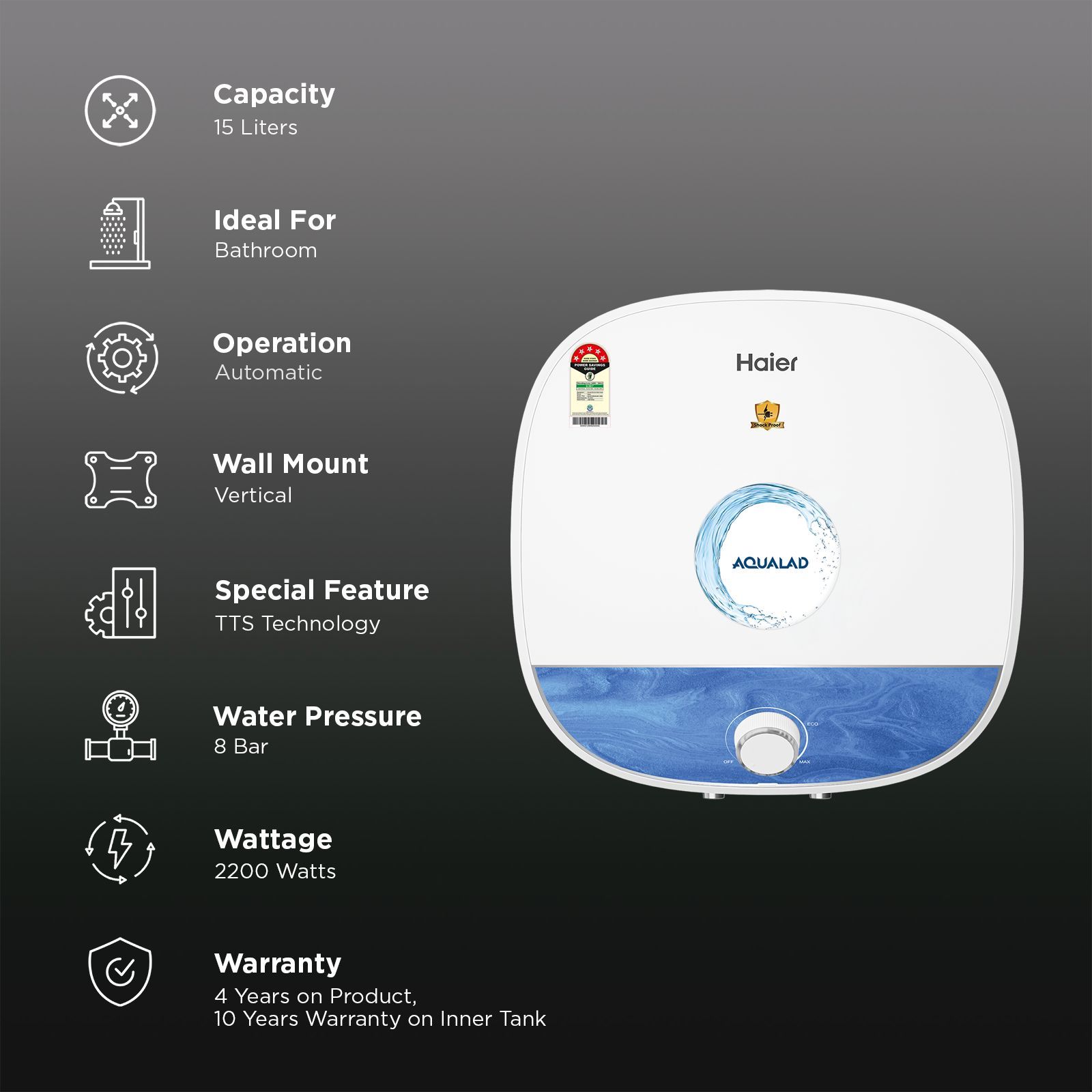 Haier ES15V-AQUALAD 15 Litre 5 Star Vertical Storage Geyser with Bacteria Proof System (Blue)_3