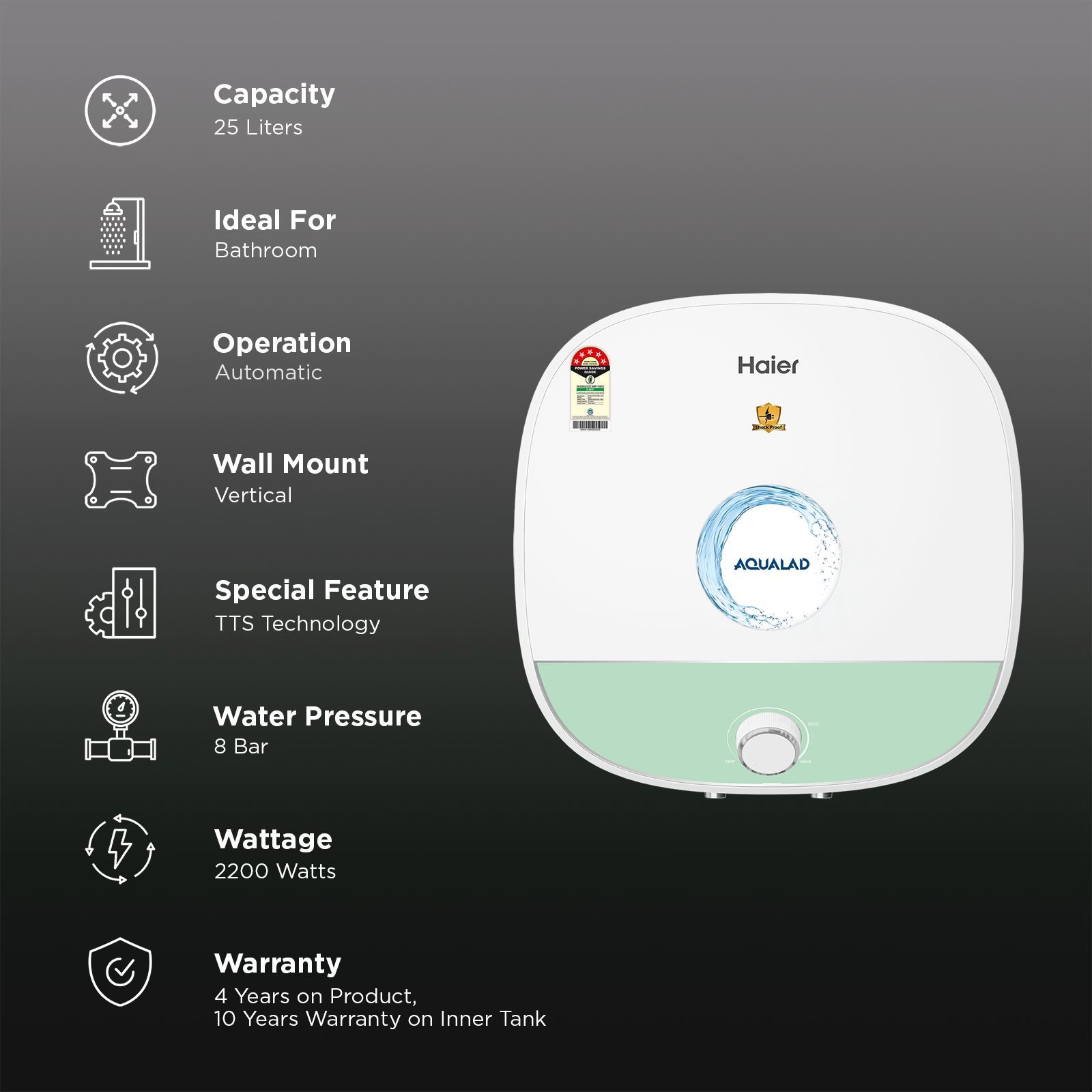 Haier ES25V-AQUALAD 25 Litre 5 Star Vertical Storage Geyser with Bacteria Proof System (Green)_3