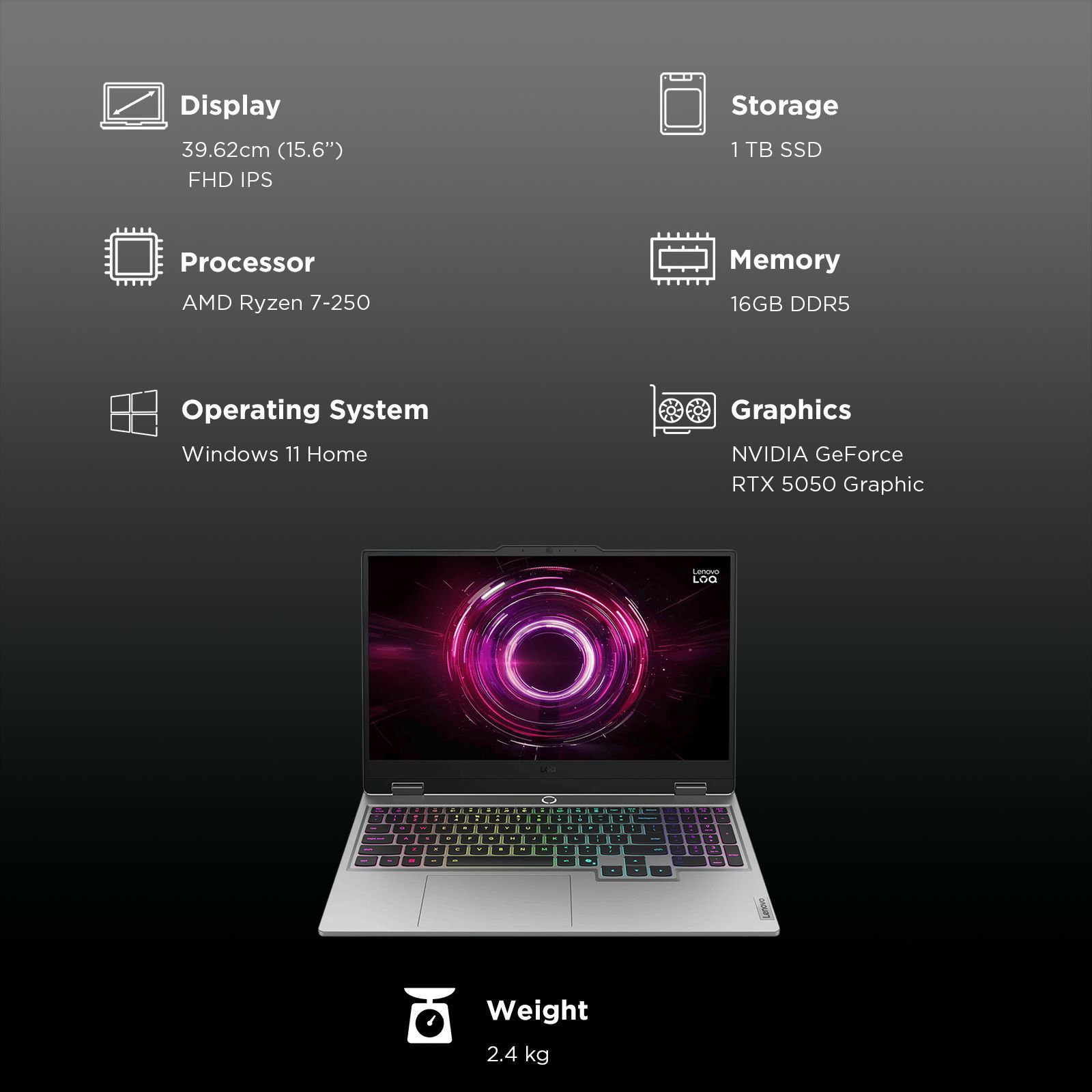 Lenovo LOQ 15AHP10 AMD Ryzen 7 Gaming Laptop (16GB, 1TB SSD, Windows 11 Home, 8GB Graphics, 15.6 Inch 144 Hz Full HD IPS Display, NVIDIA GeForce RTX 5050, Luna Grey, 2.4 KG)_3