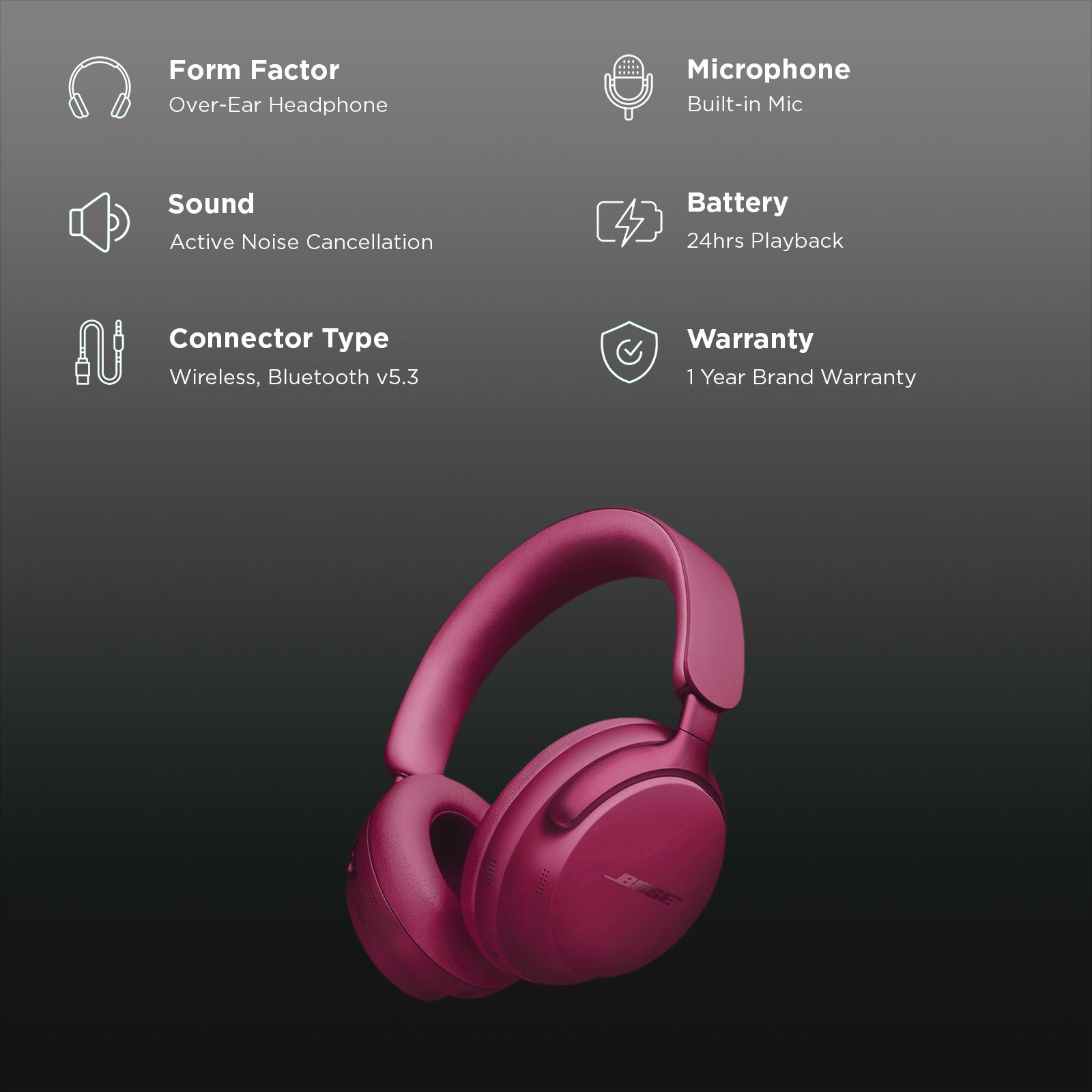 BOSE QuietComfort Ultra Bluetooth Headphone with Mic (Upto 24 Hours Playback, Over Ear, Deep Plum)_2