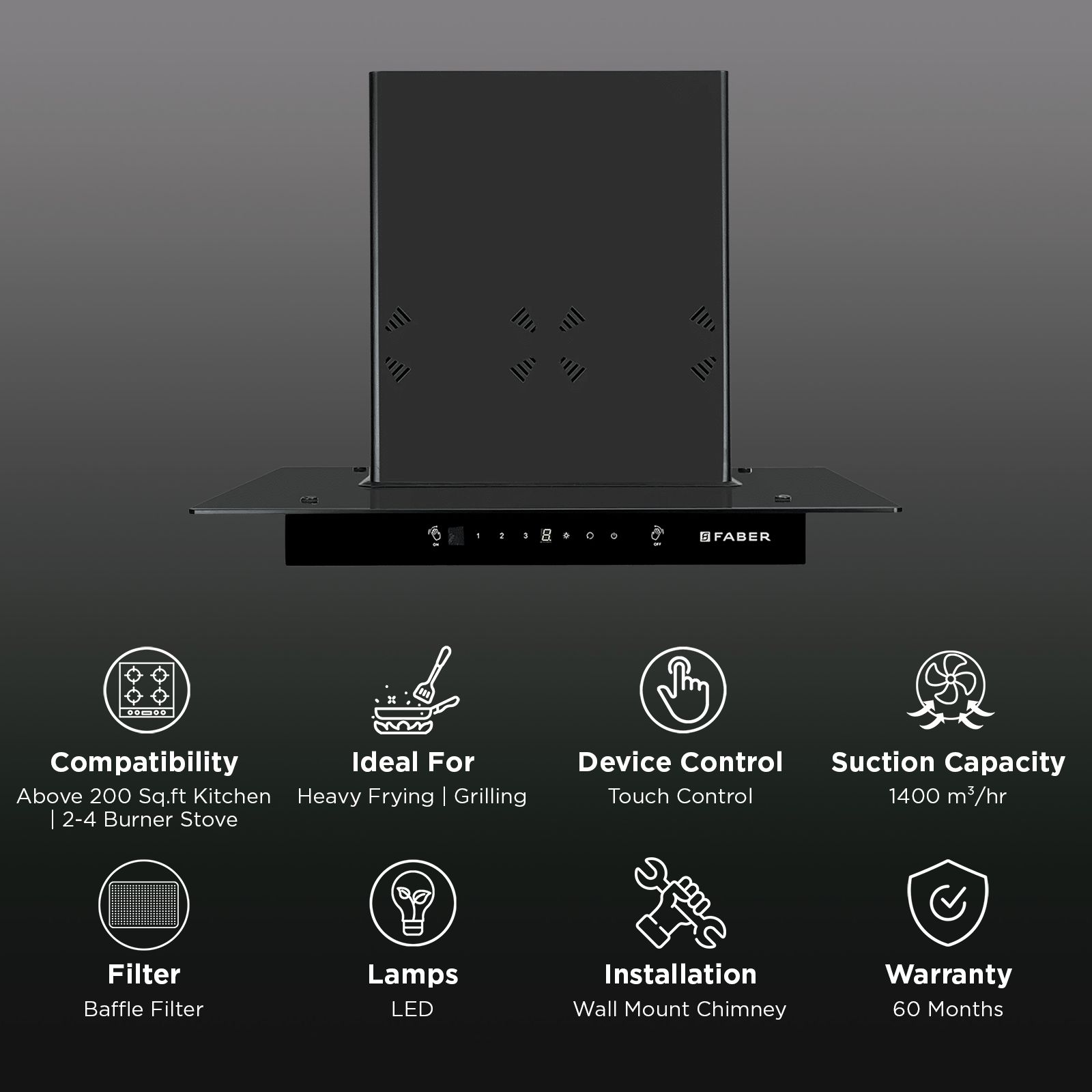 FABER HOOD COSMOS 3D HC SC BK BF 60cm 1400m3/hr Ductless Auto Clean Wall Mounted Chimney with Odour Sensor (Black)_3