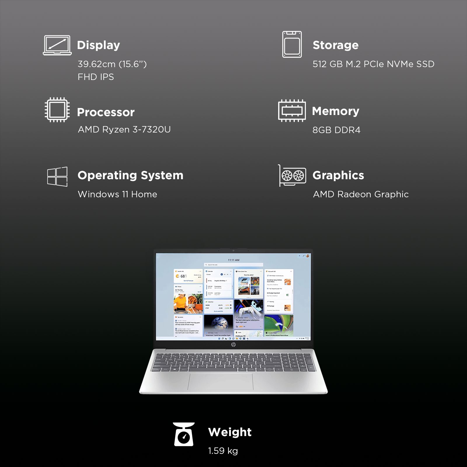 HP 15-fc0499AU AMD Ryzen 3 Laptop (8GB, 512GB SSD, Windows 11 Home, 15.6 inch Full HD IPS Display, MS Office, Natural Silver, 1.59 KG)_3