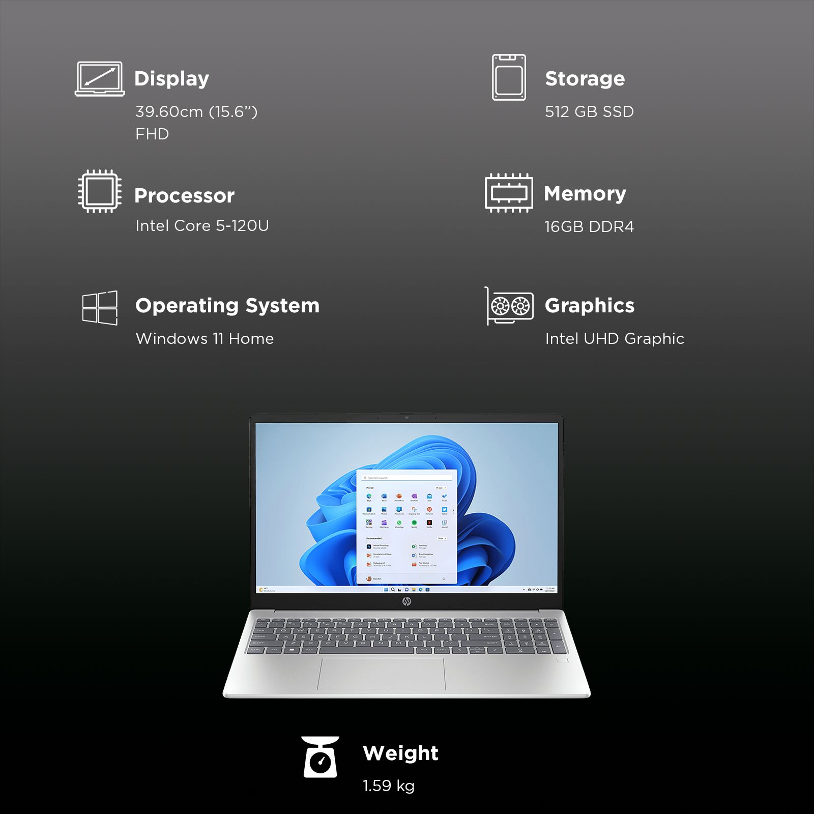 HP 15-HR0009TU Intel Core 5 120U 13th Gen Laptop (16GB, 512GB SSD, Windows 11 Home, 15.6 inch Full HD Display, MS Office Home 2024, Natural Silver, 1.59 KG)_3