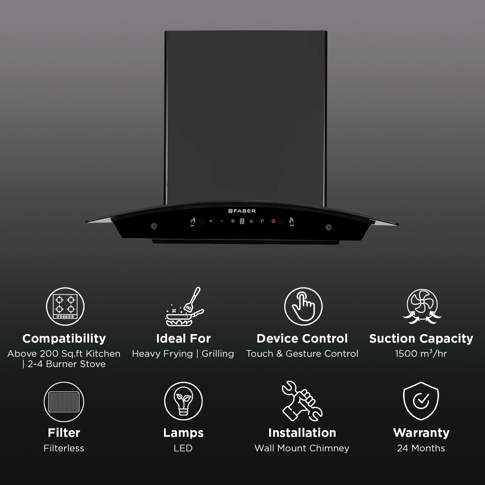 FABER HOOD LIBRA BLDC HC SC FL BK 60cm 1500m3/hr Ductless Auto Clean Wall Mounted Chimney with Touch and Gesture Control (Black)_3